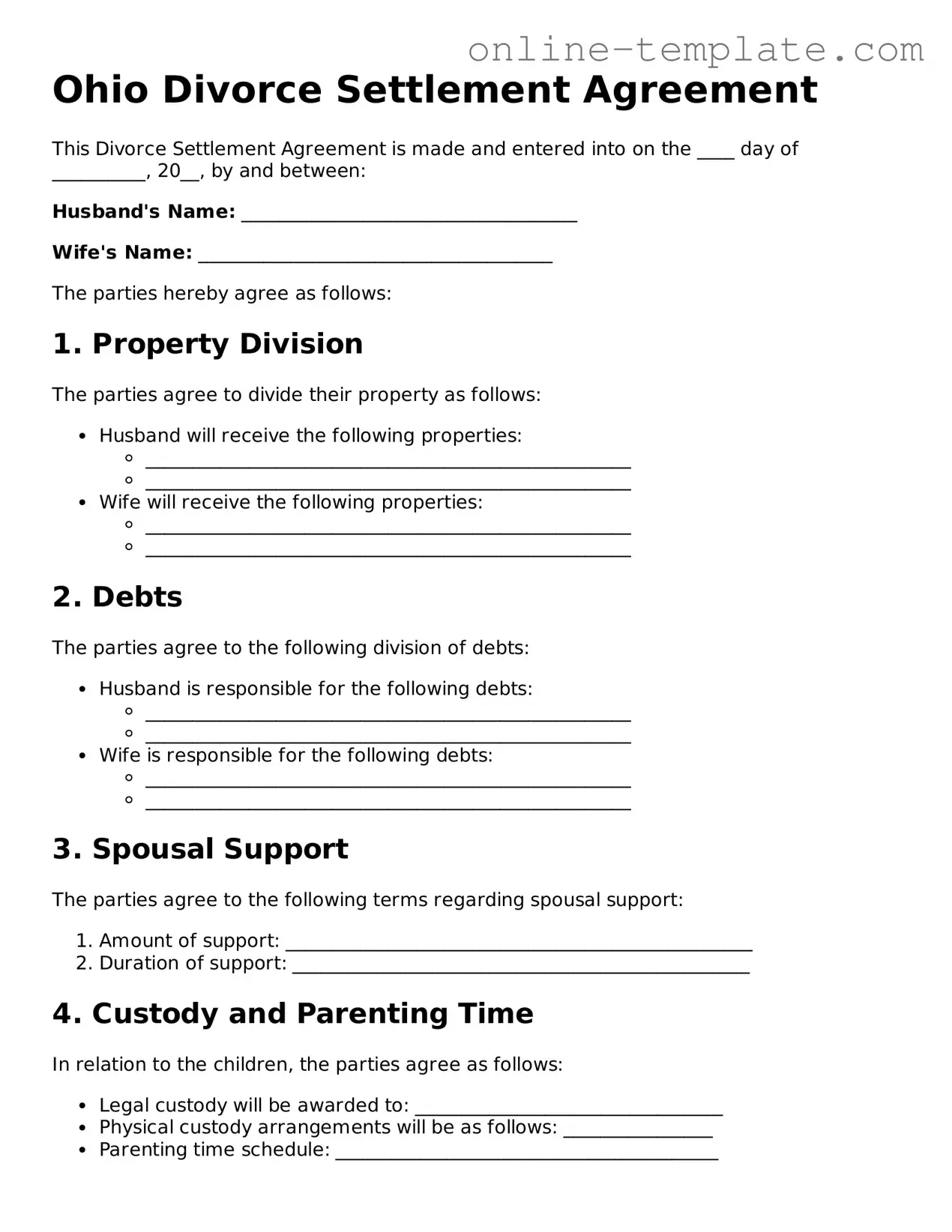 Attorney-Verified  Divorce Settlement Agreement Template for Ohio