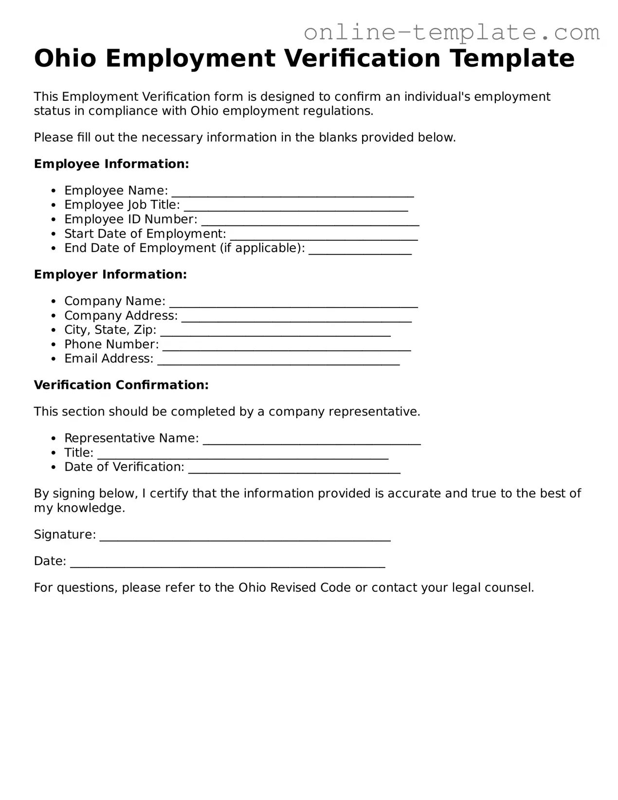 Attorney-Verified  Employment Verification Template for Ohio