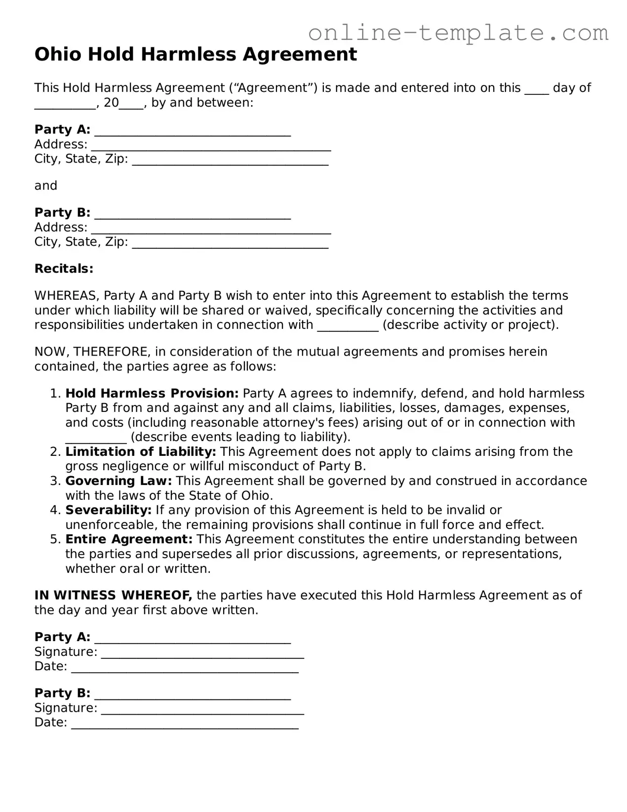 Attorney-Verified  Hold Harmless Agreement Template for Ohio