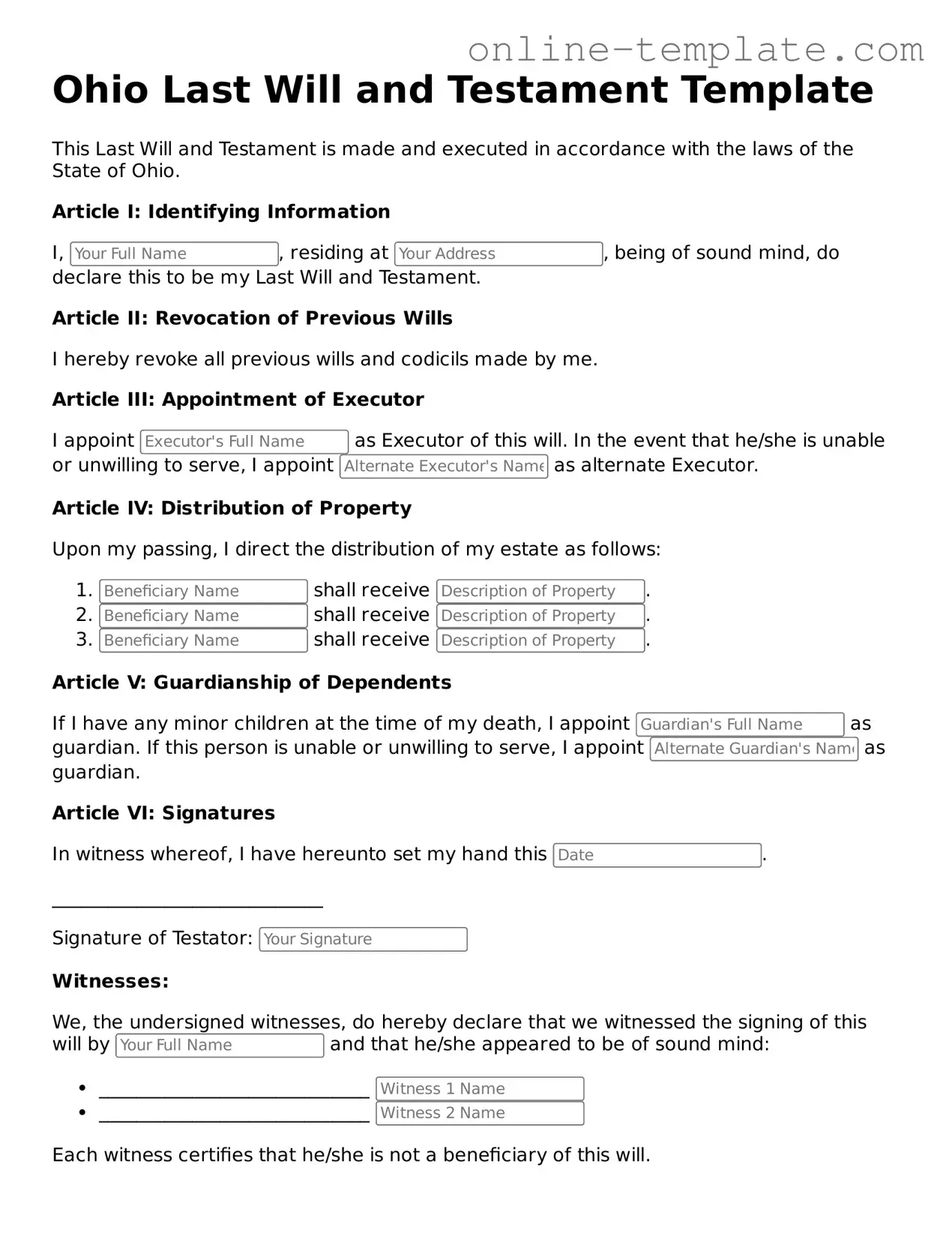 Attorney-Verified  Last Will and Testament Template for Ohio