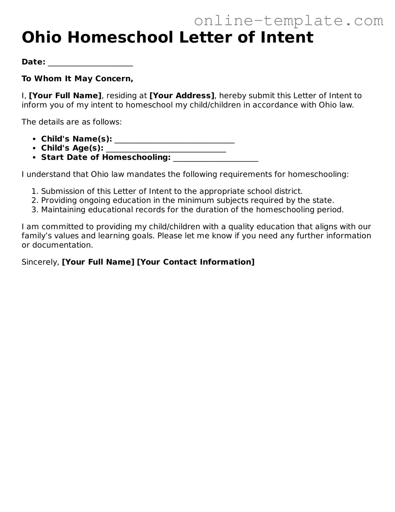 Attorney-Verified  Homeschool Letter of Intent Template for Ohio