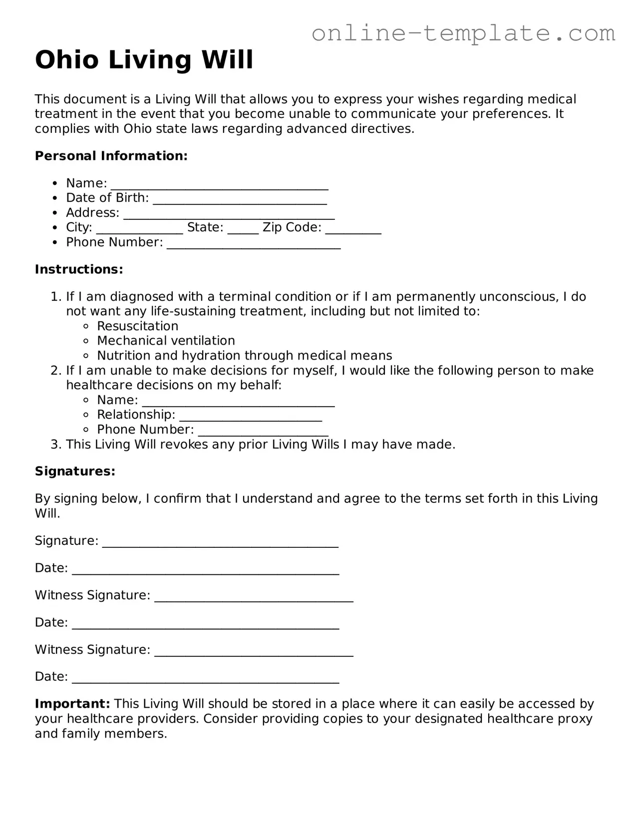 Attorney-Verified  Living Will Template for Ohio