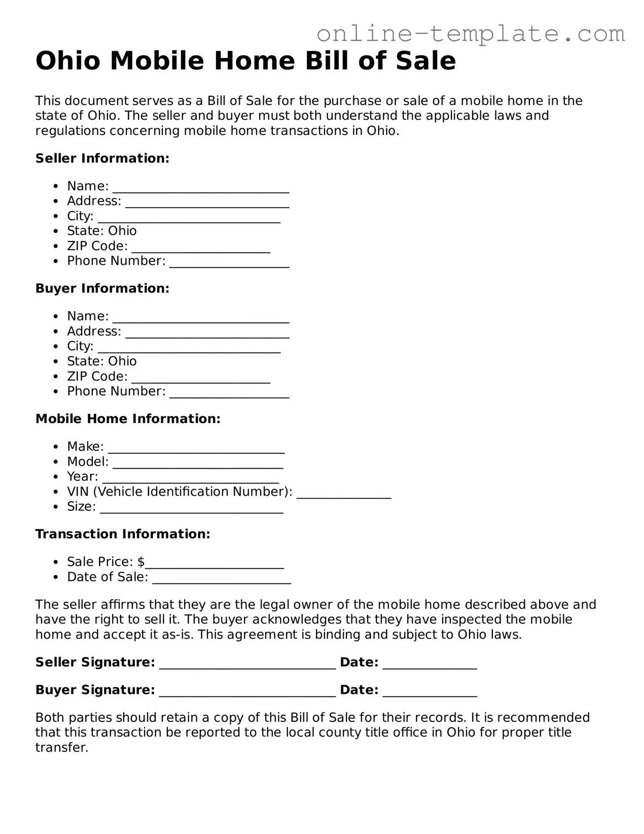 Attorney-Verified  Mobile Home Bill of Sale Template for Ohio