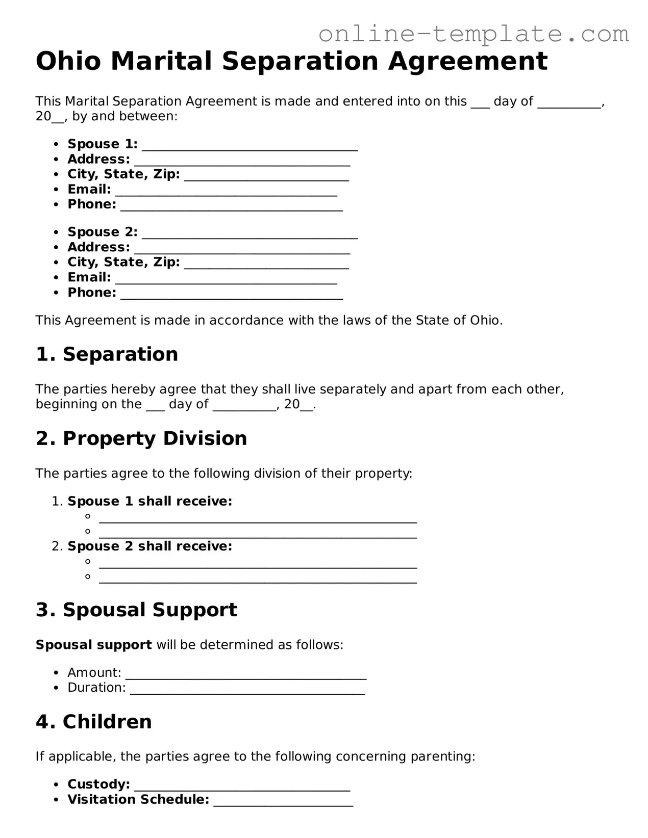 Attorney-Verified  Marital Separation Agreement Template for Ohio