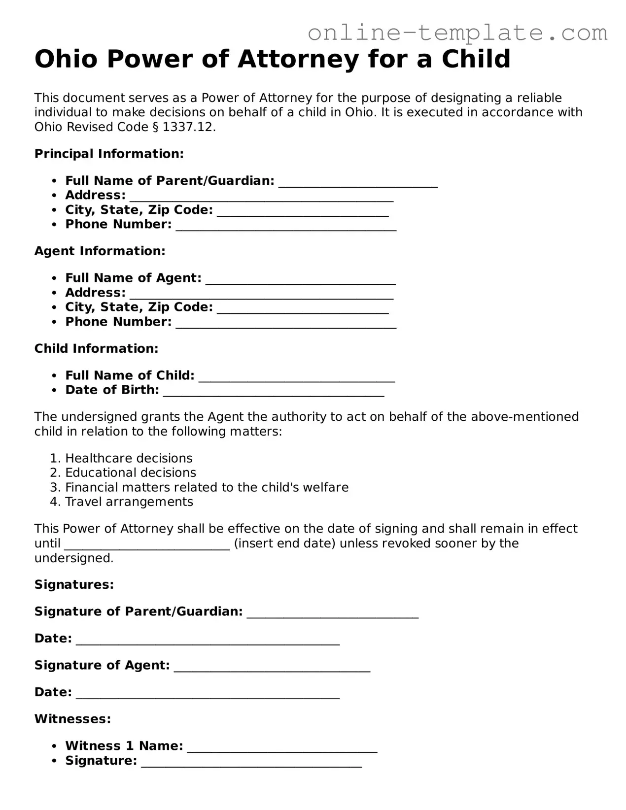 Attorney-Verified  Power of Attorney for a Child Template for Ohio