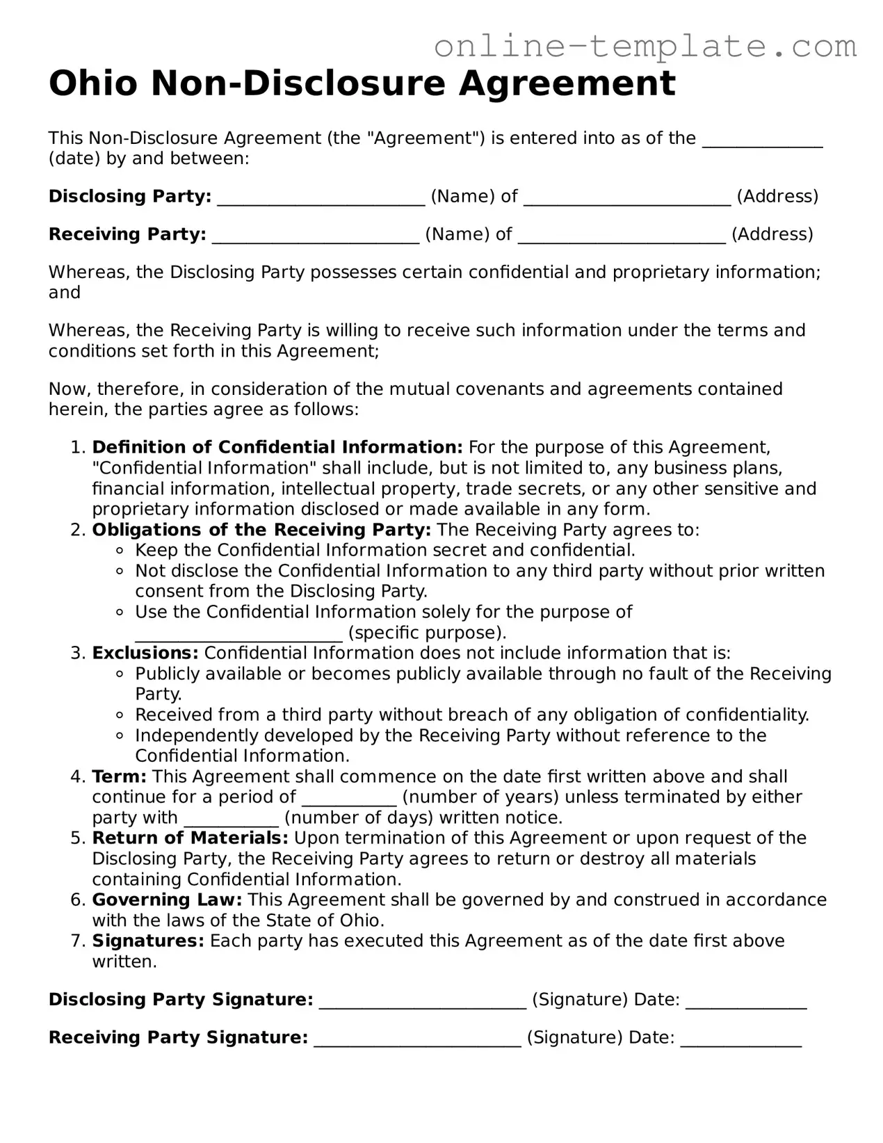 Attorney-Verified  Non-disclosure Agreement Template for Ohio