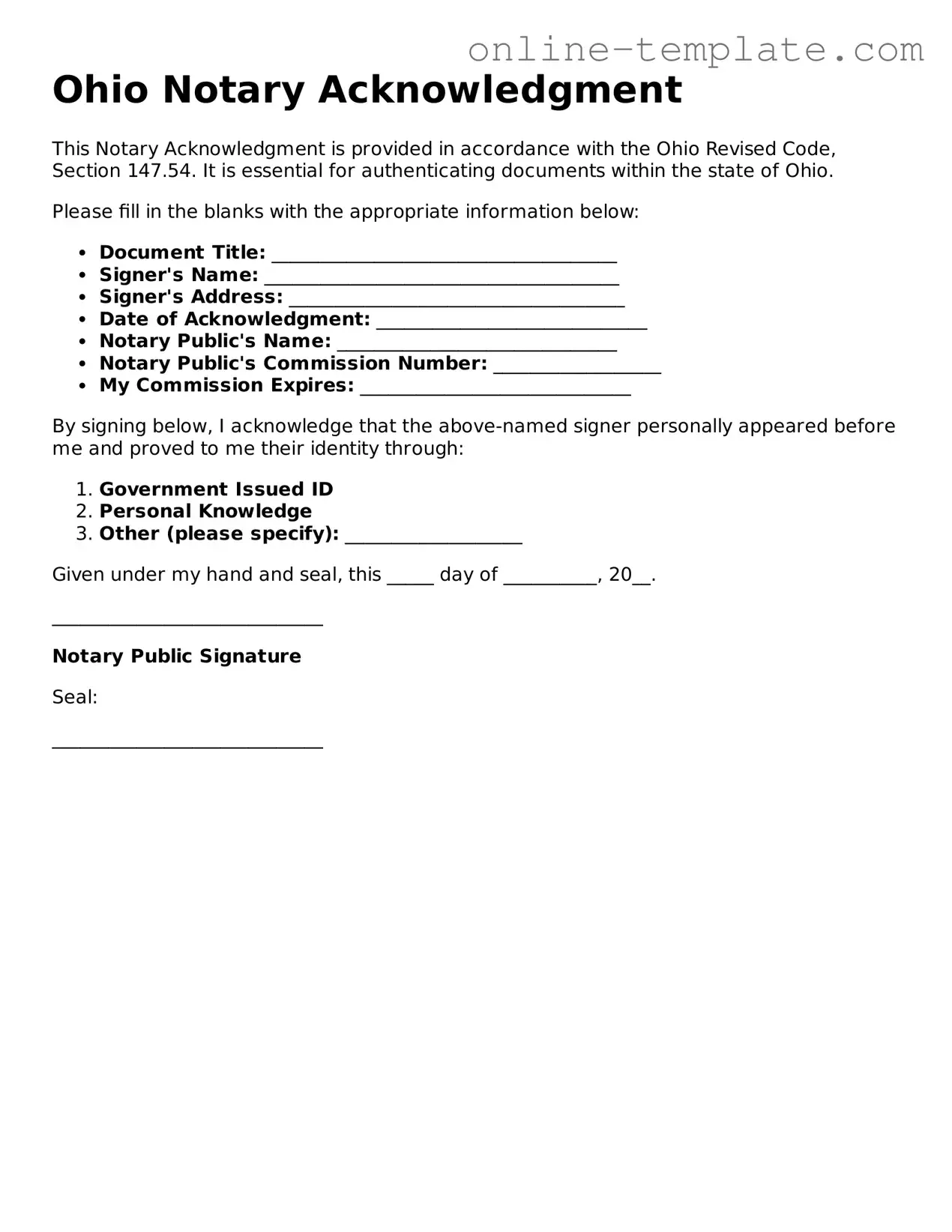 Attorney-Verified  Notary Acknowledgement Template for Ohio