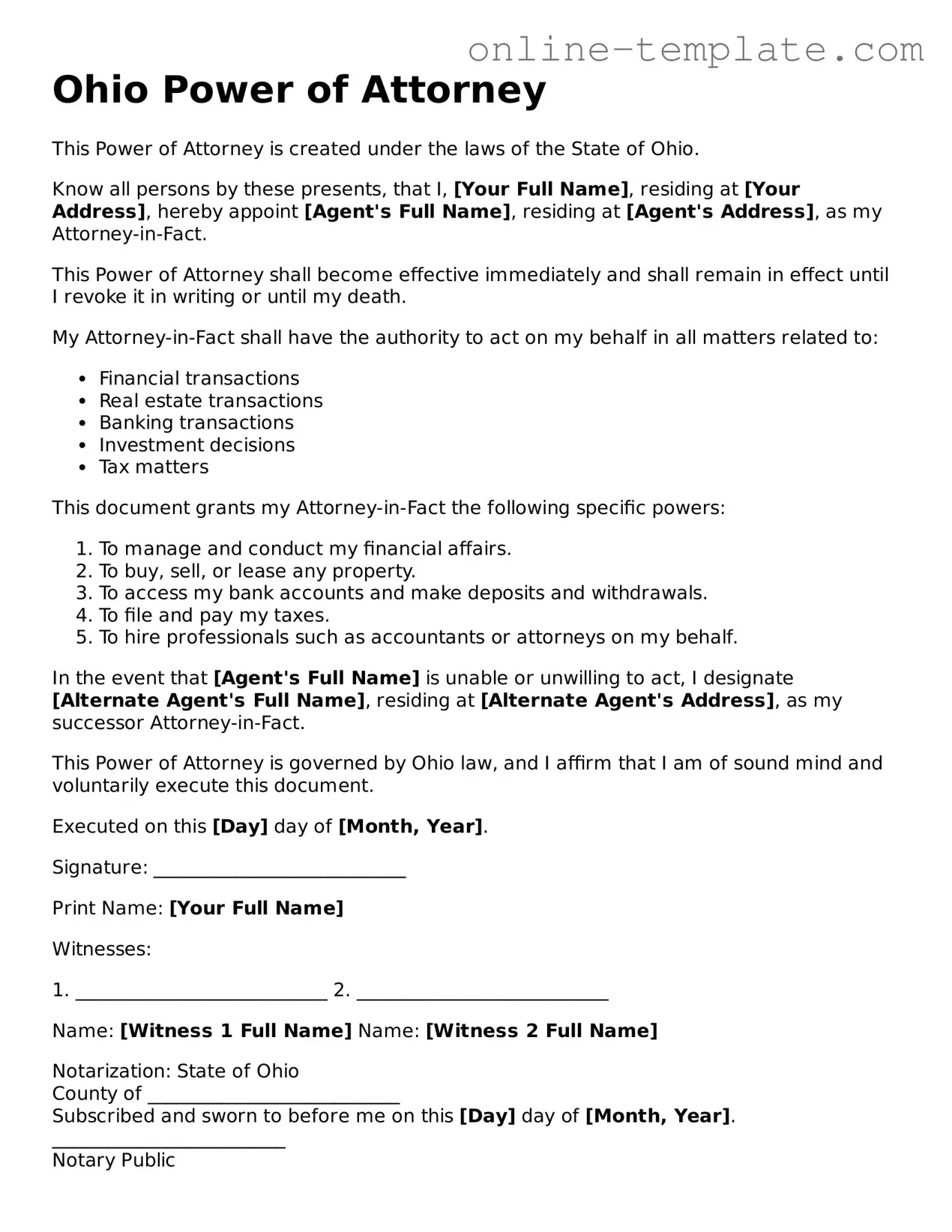 Attorney-Verified  Power of Attorney Template for Ohio