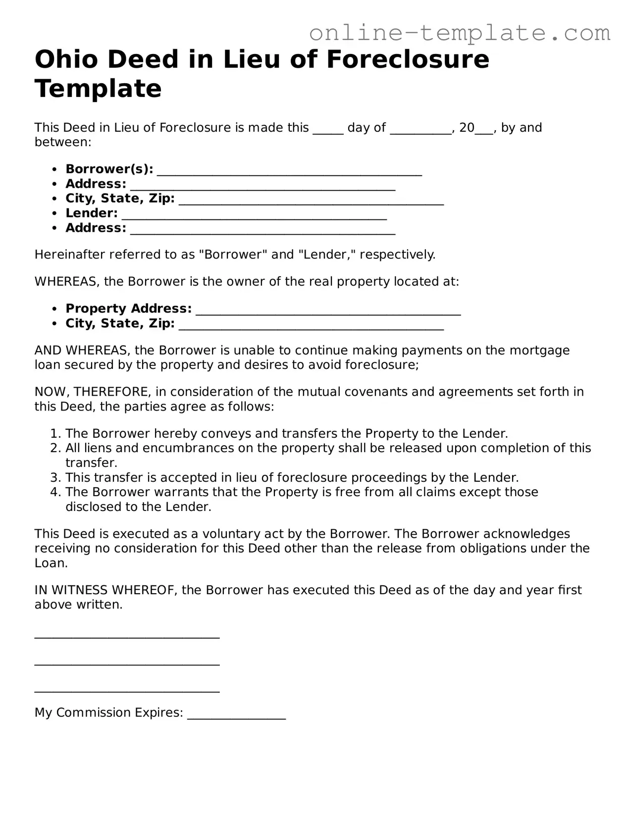 Attorney-Verified  Deed in Lieu of Foreclosure Template for Ohio