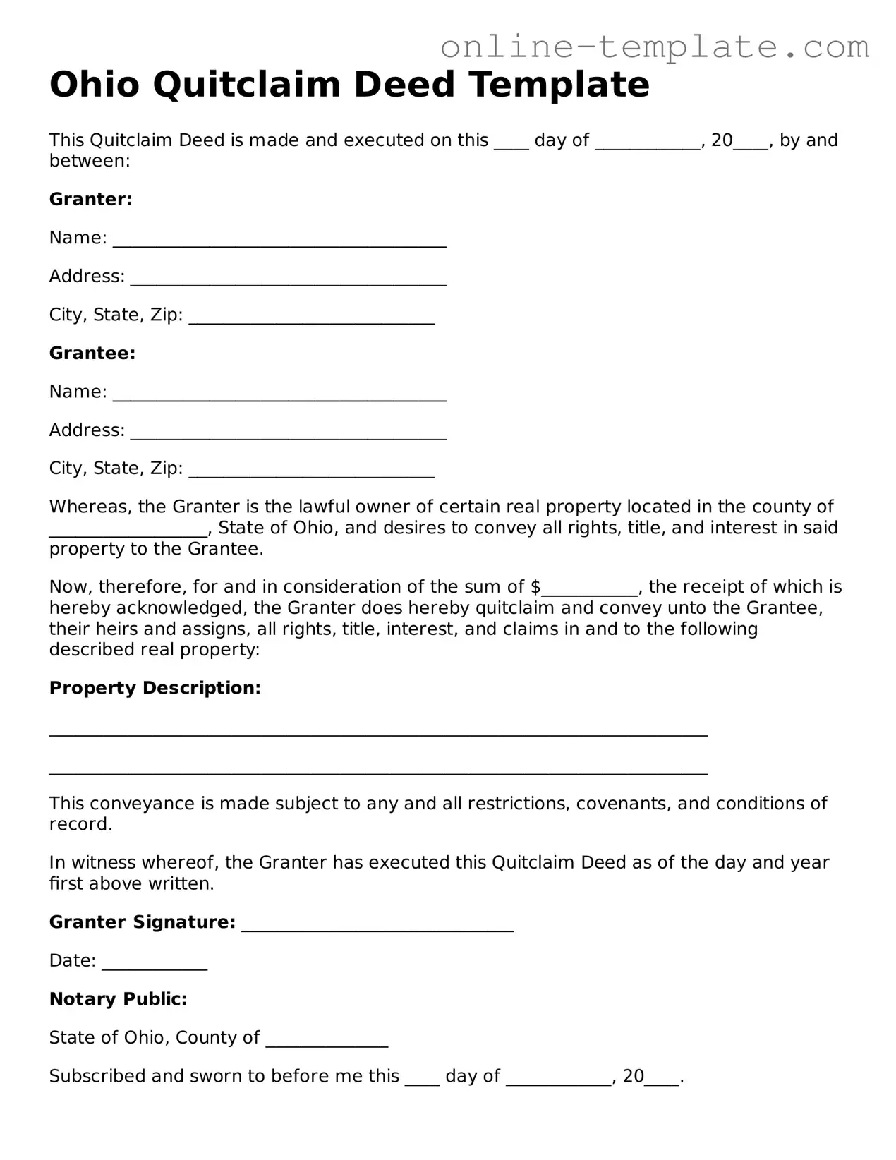 Attorney-Verified  Quitclaim Deed Template for Ohio