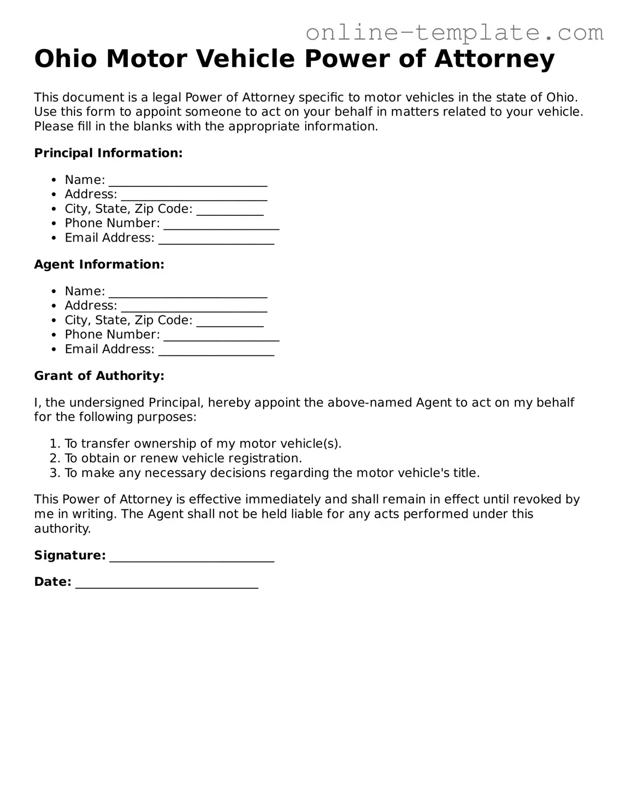 Attorney-Verified  Motor Vehicle Power of Attorney Template for Ohio