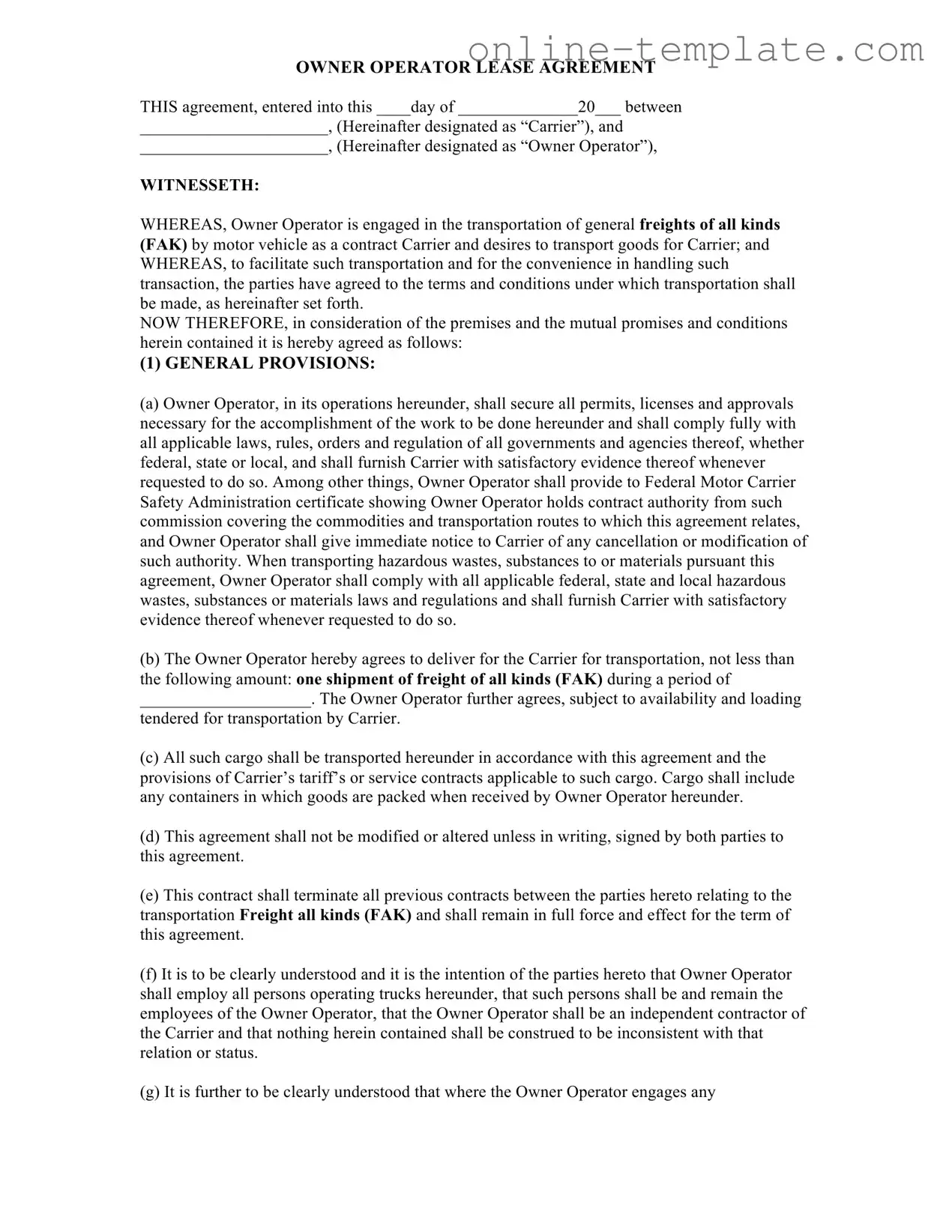 Free Owner Operator Lease Agreement PDF Template