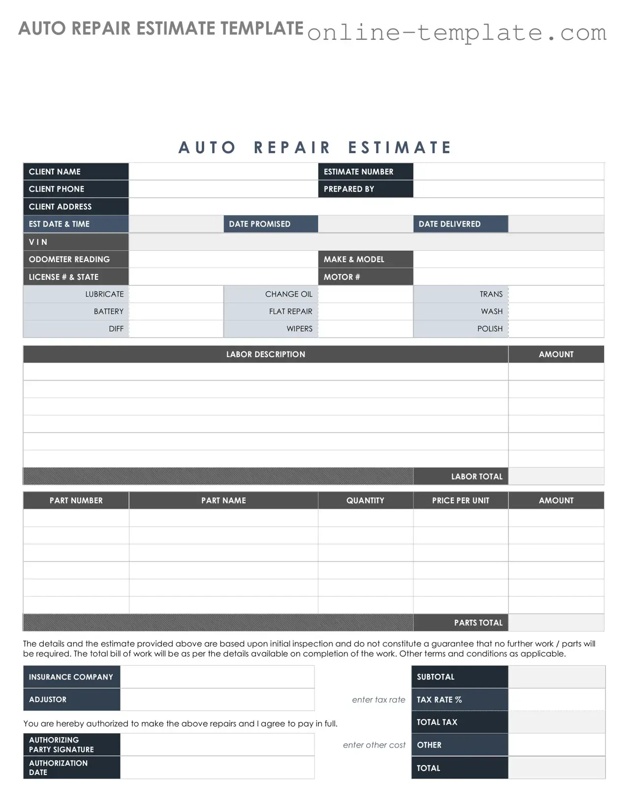 Free Auto Repair Estimate PDF Template