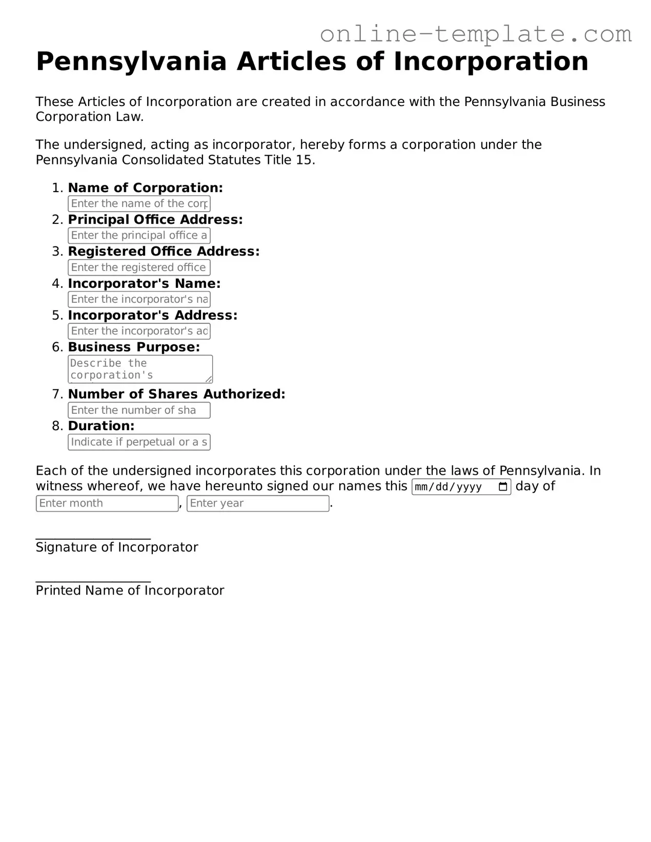 Attorney-Verified  Articles of Incorporation Template for Pennsylvania