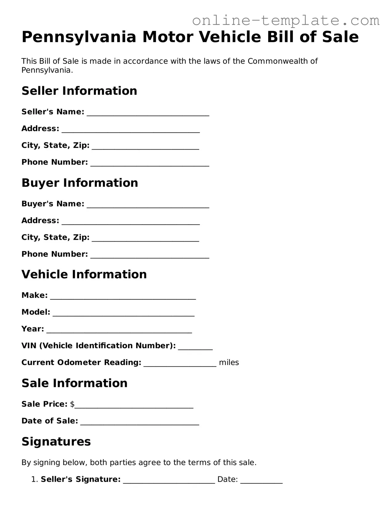 Attorney-Verified  Motor Vehicle Bill of Sale Template for Pennsylvania