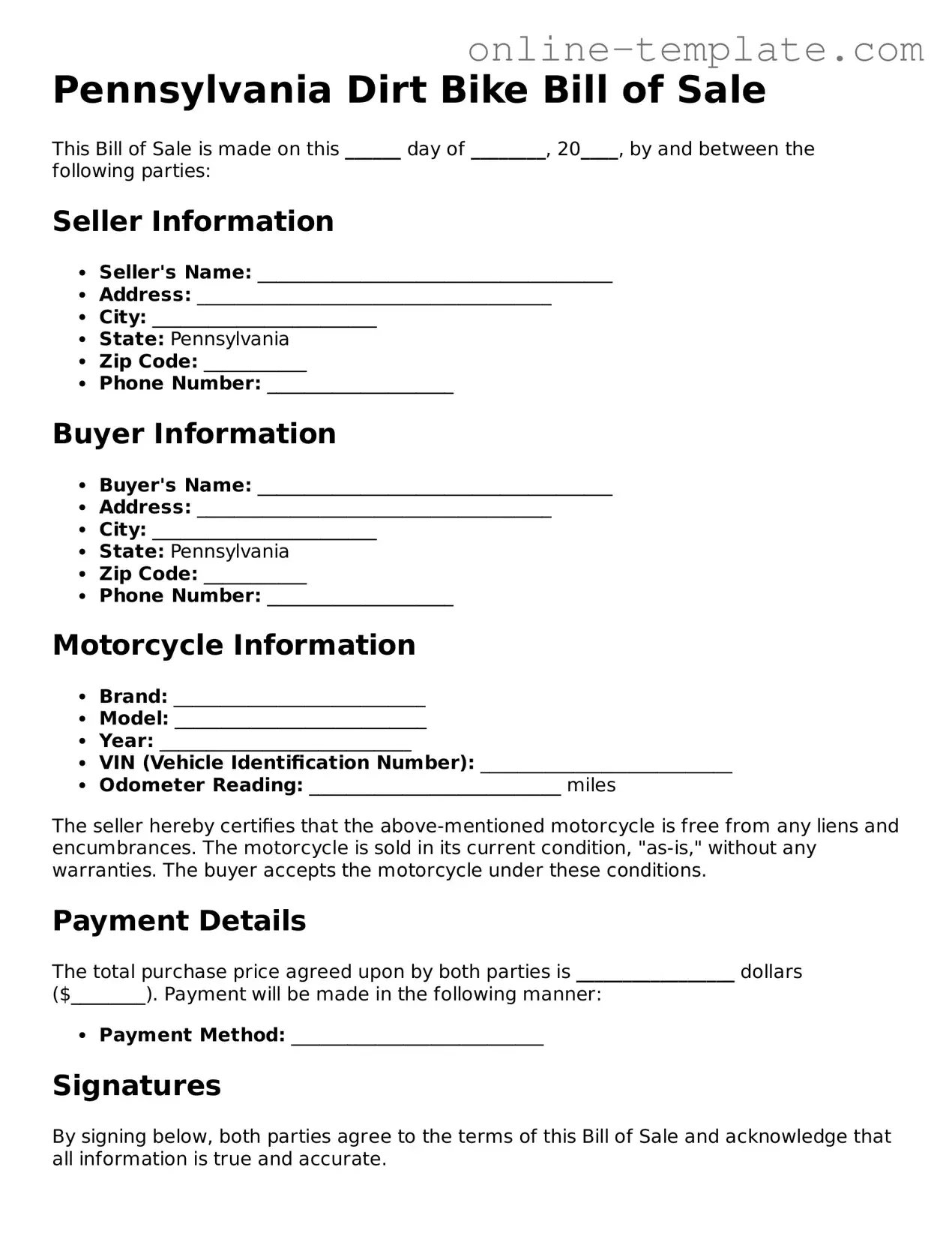 Attorney-Verified  Dirt Bike Bill of Sale Template for Pennsylvania
