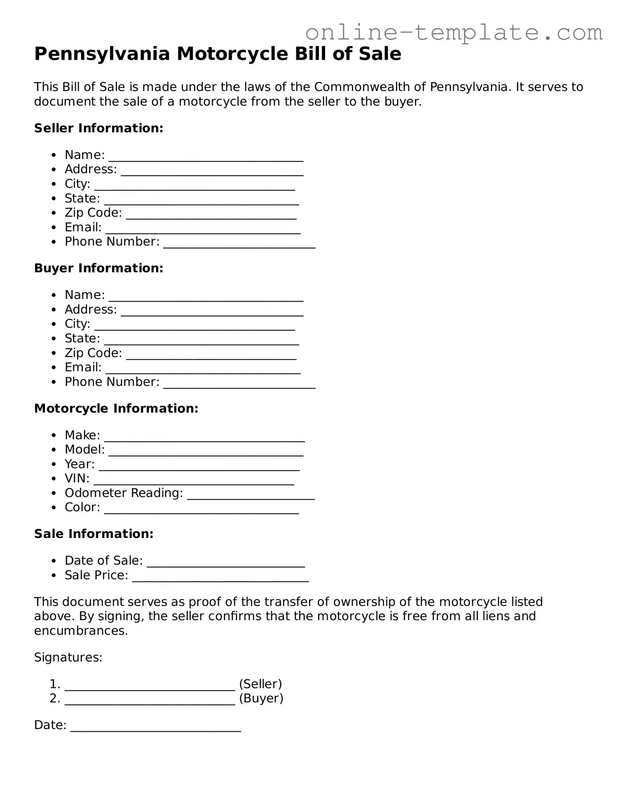 Attorney-Verified  Motorcycle Bill of Sale Template for Pennsylvania