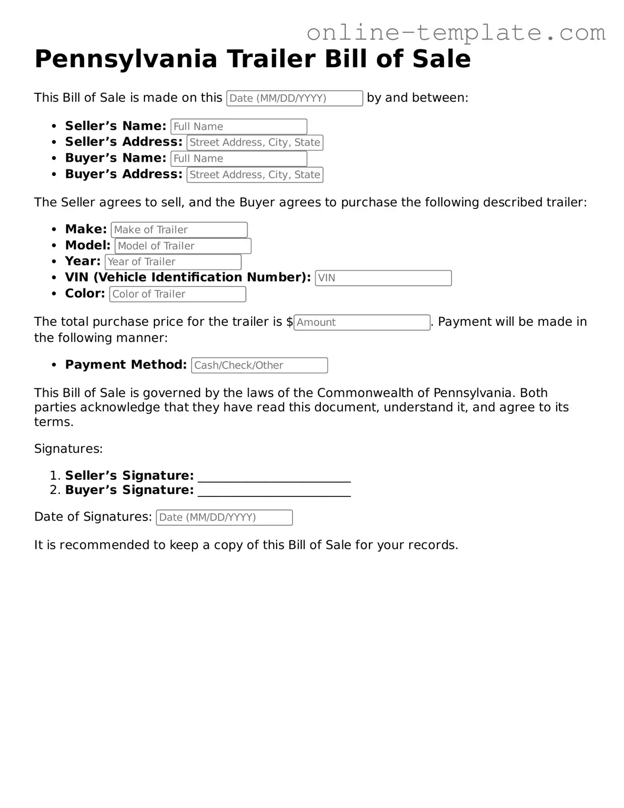 Attorney-Verified  Trailer Bill of Sale Template for Pennsylvania