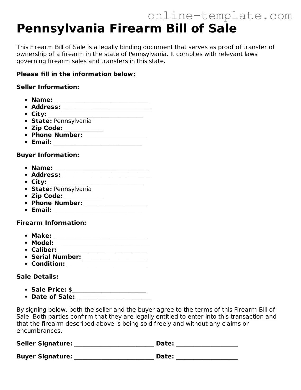 Attorney-Verified  Firearm Bill of Sale Template for Pennsylvania