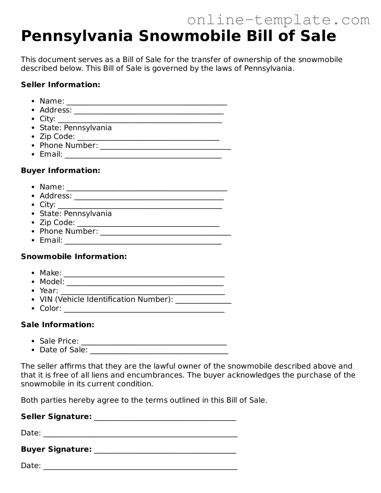 Attorney-Verified  Snowmobile Bill of Sale Template for Pennsylvania