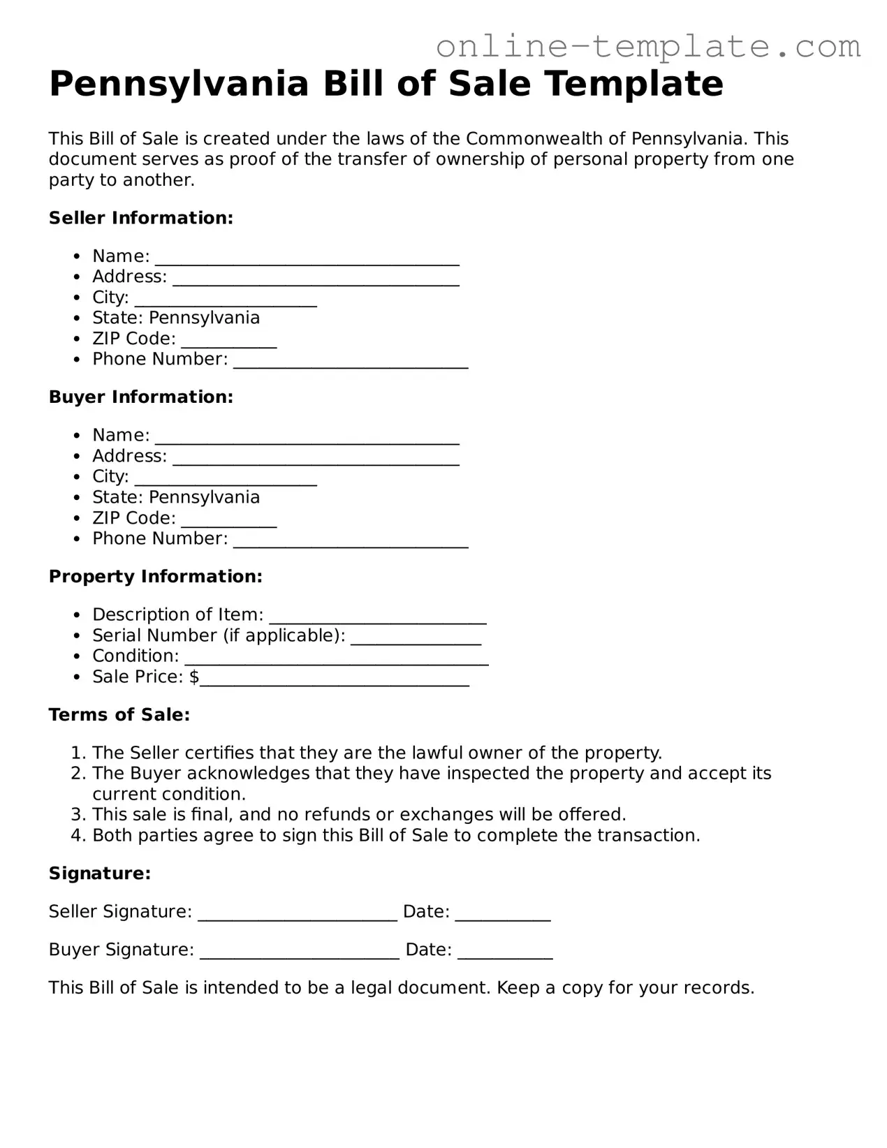 Attorney-Verified  Bill of Sale Template for Pennsylvania