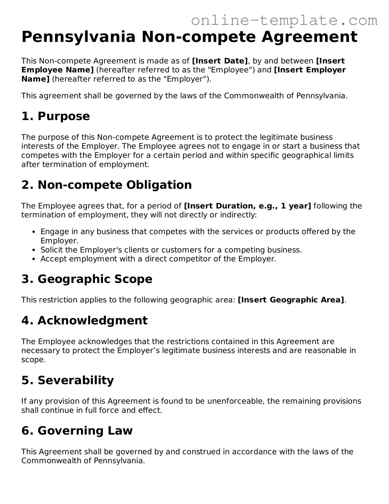 Attorney-Verified  Non-compete Agreement Template for Pennsylvania