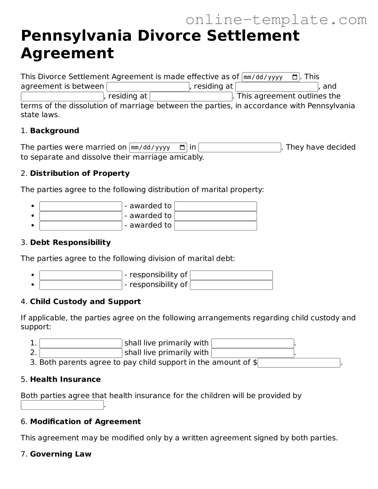 Attorney-Verified  Divorce Settlement Agreement Template for Pennsylvania