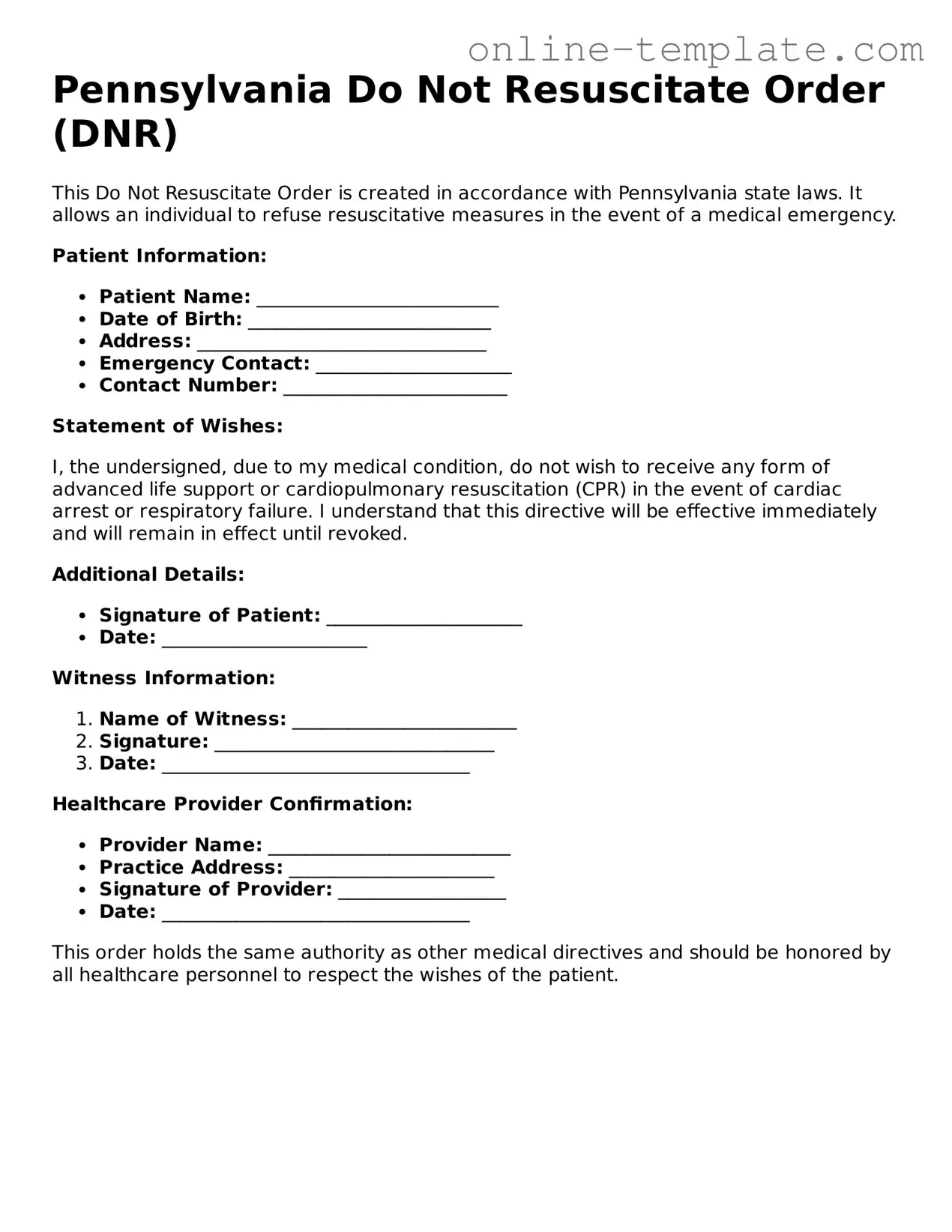 Attorney-Verified  Do Not Resuscitate Order Template for Pennsylvania