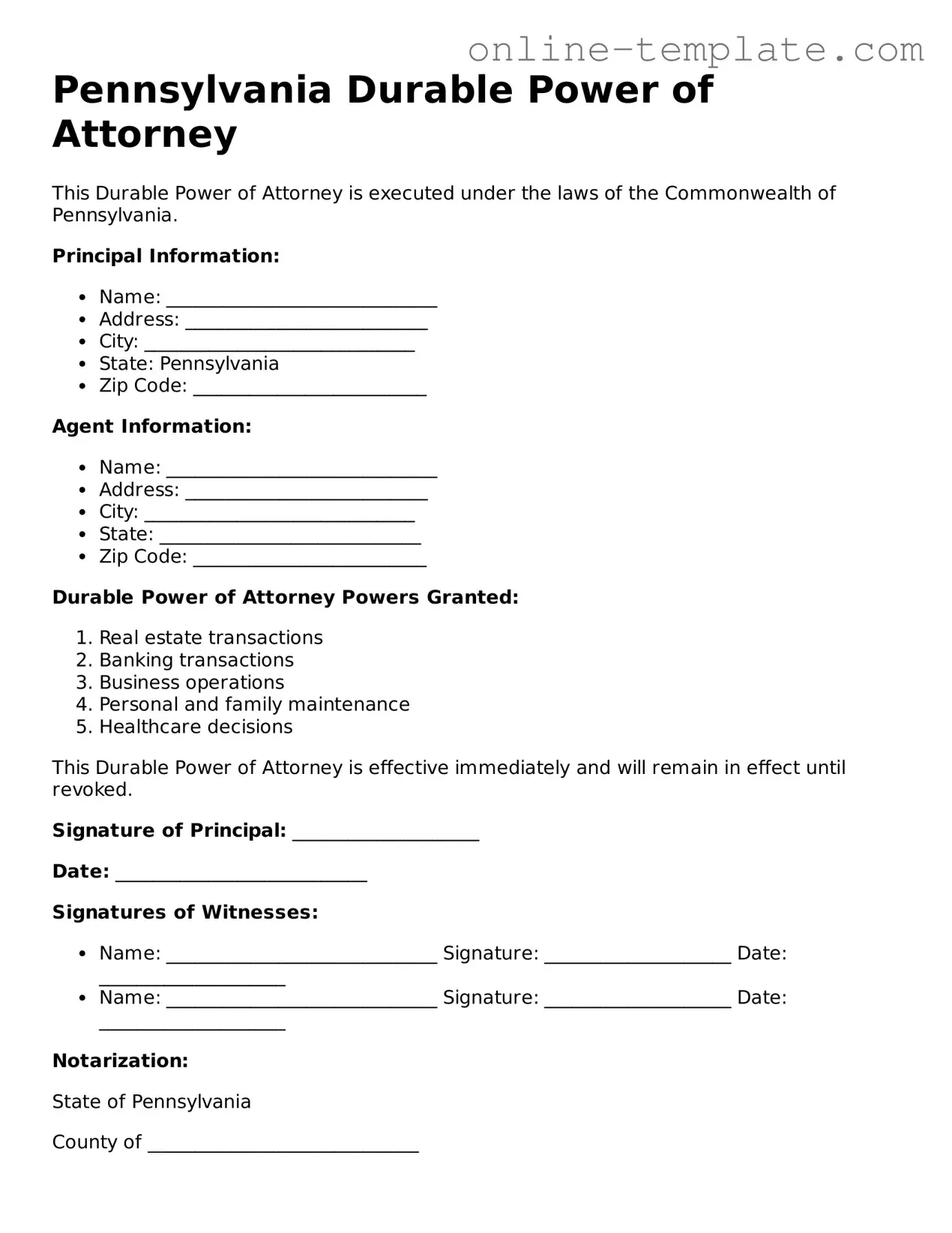 Attorney-Verified  Durable Power of Attorney Template for Pennsylvania