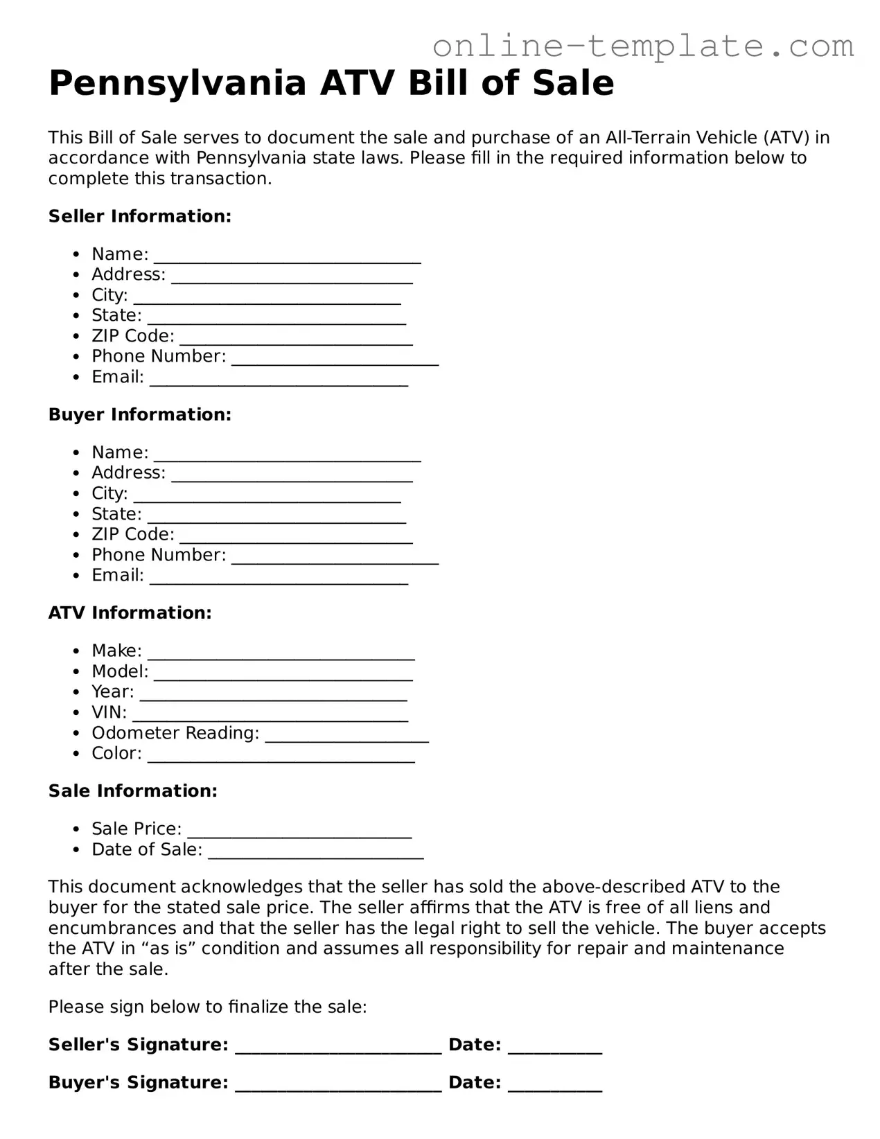 Attorney-Verified  ATV Bill of Sale Template for Pennsylvania