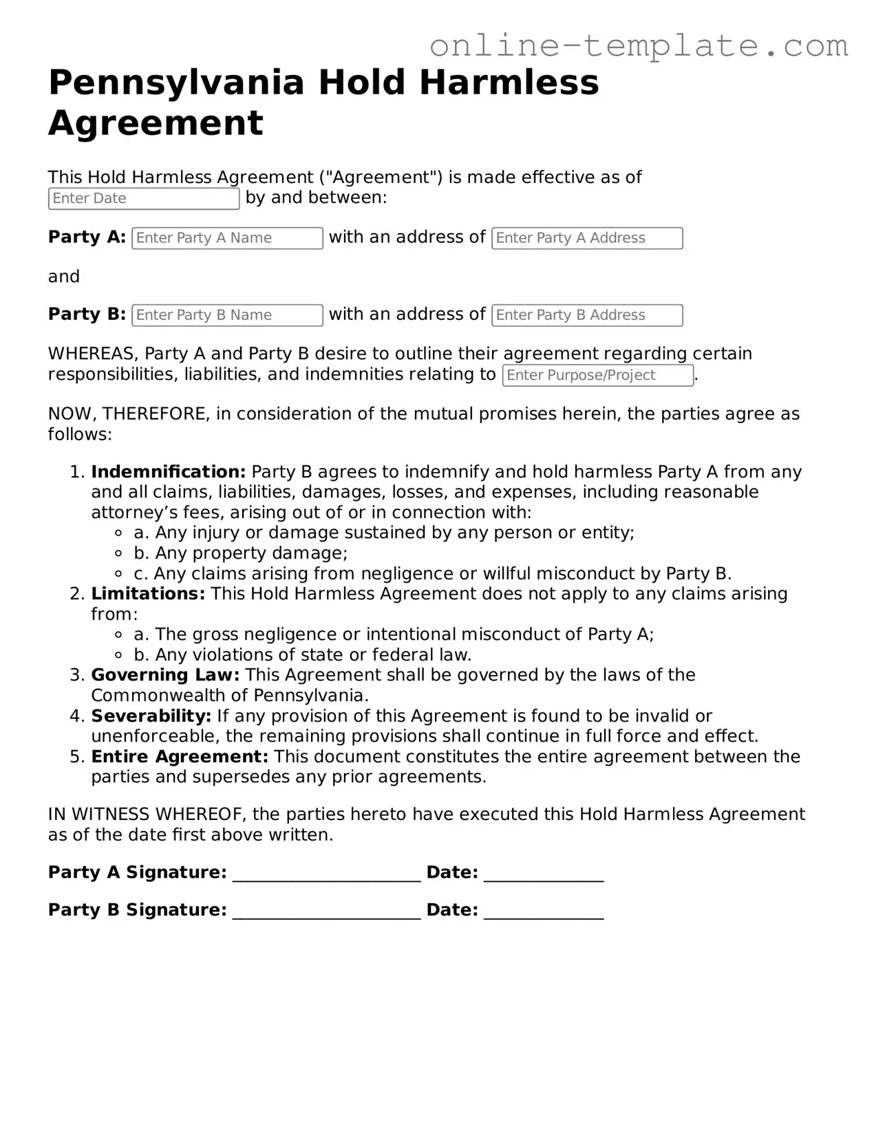 Attorney-Verified  Hold Harmless Agreement Template for Pennsylvania