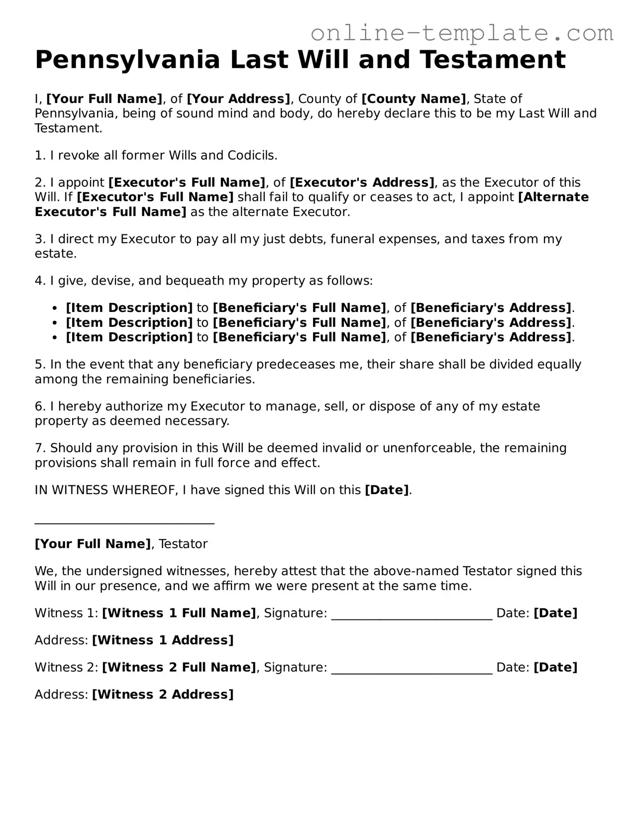 Attorney-Verified  Last Will and Testament Template for Pennsylvania