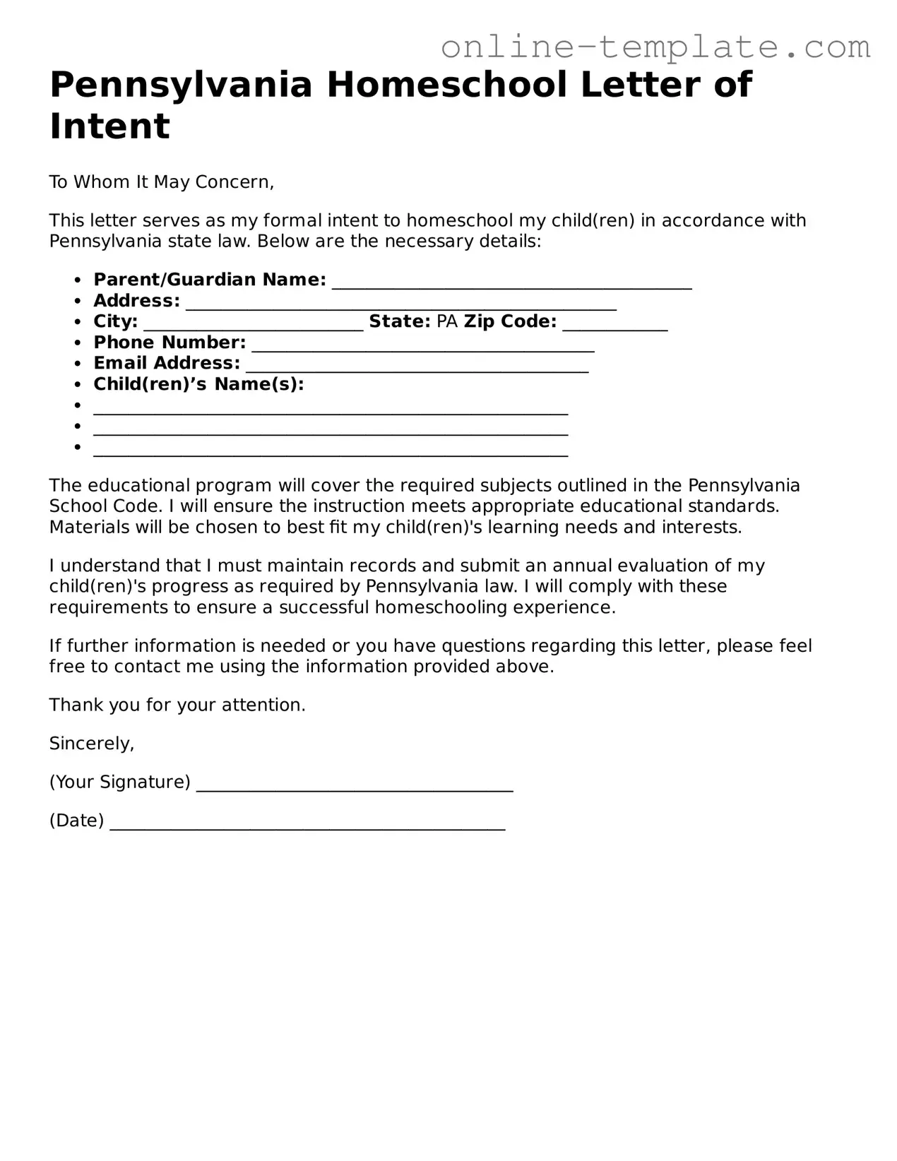 Attorney-Verified  Homeschool Letter of Intent Template for Pennsylvania