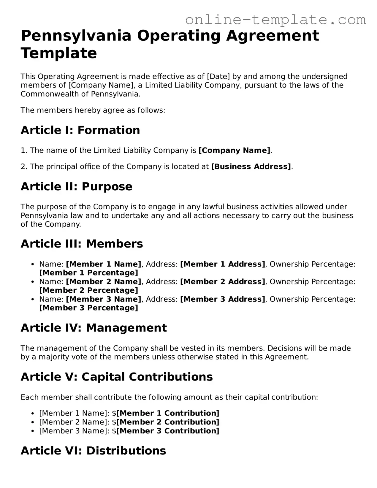 Attorney-Verified  Operating Agreement Template for Pennsylvania