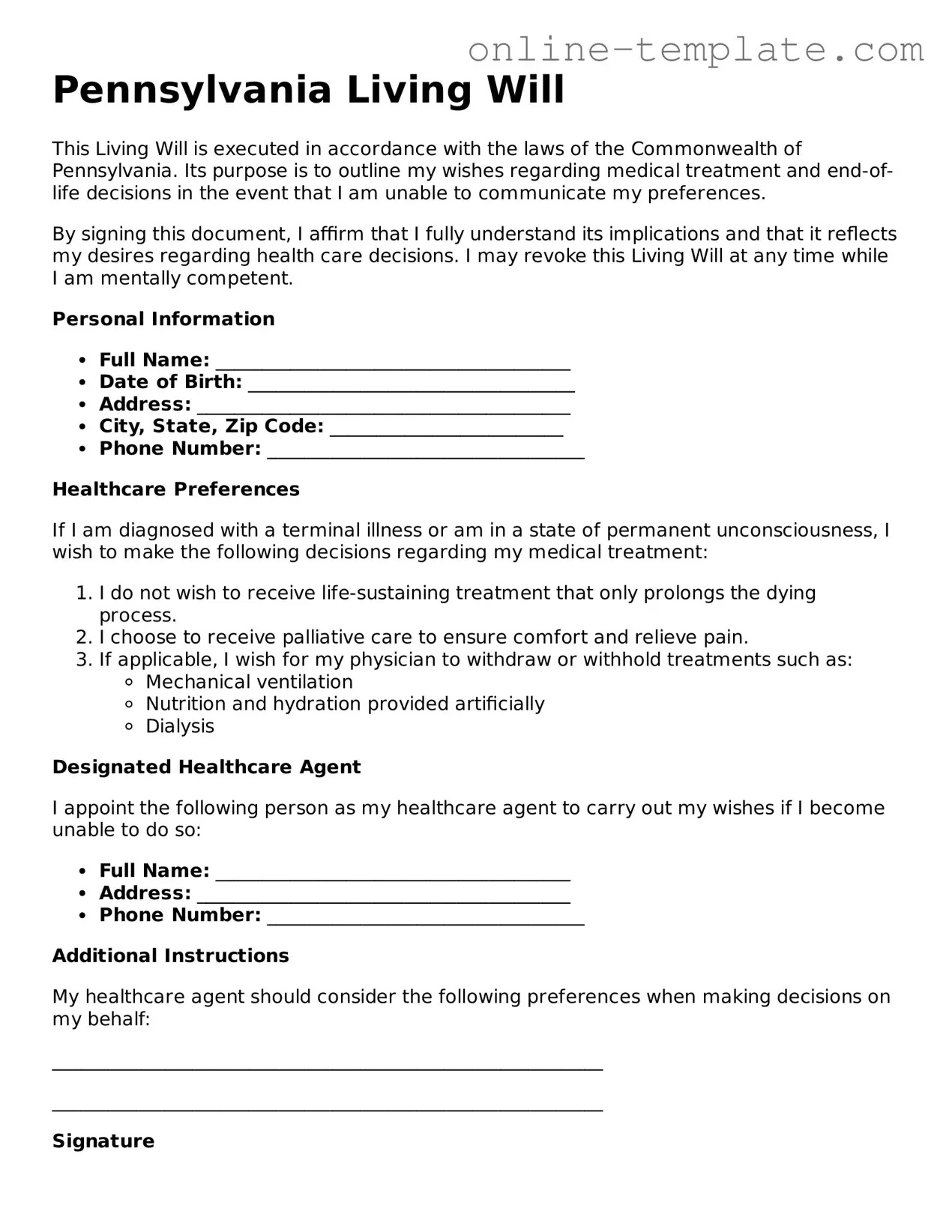Attorney-Verified  Living Will Template for Pennsylvania