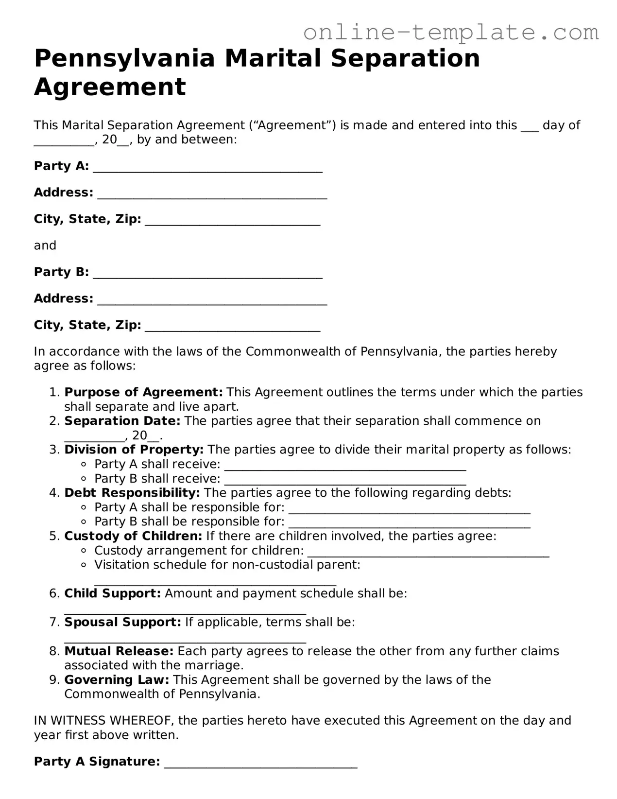 Attorney-Verified  Marital Separation Agreement Template for Pennsylvania