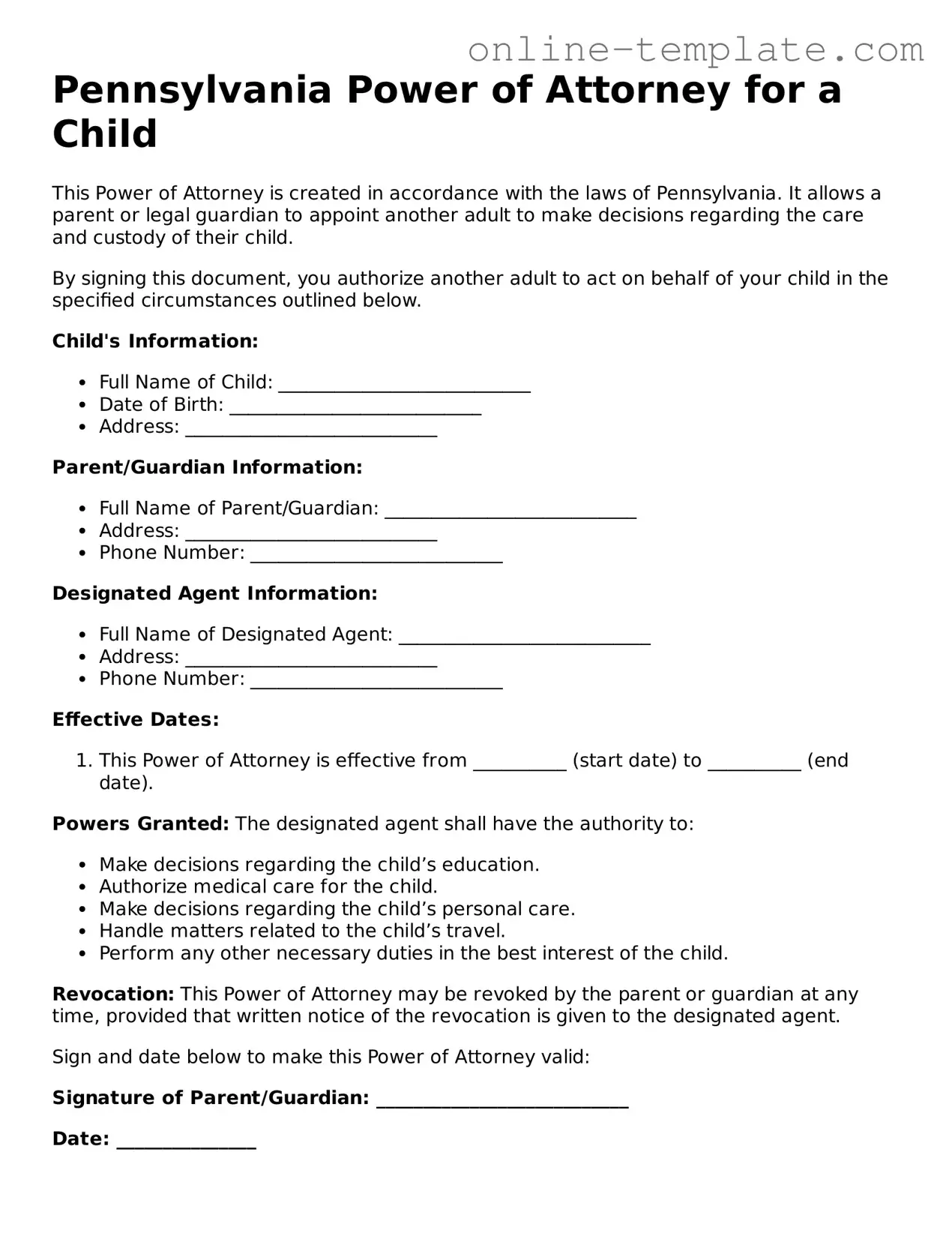 Attorney-Verified  Power of Attorney for a Child Template for Pennsylvania
