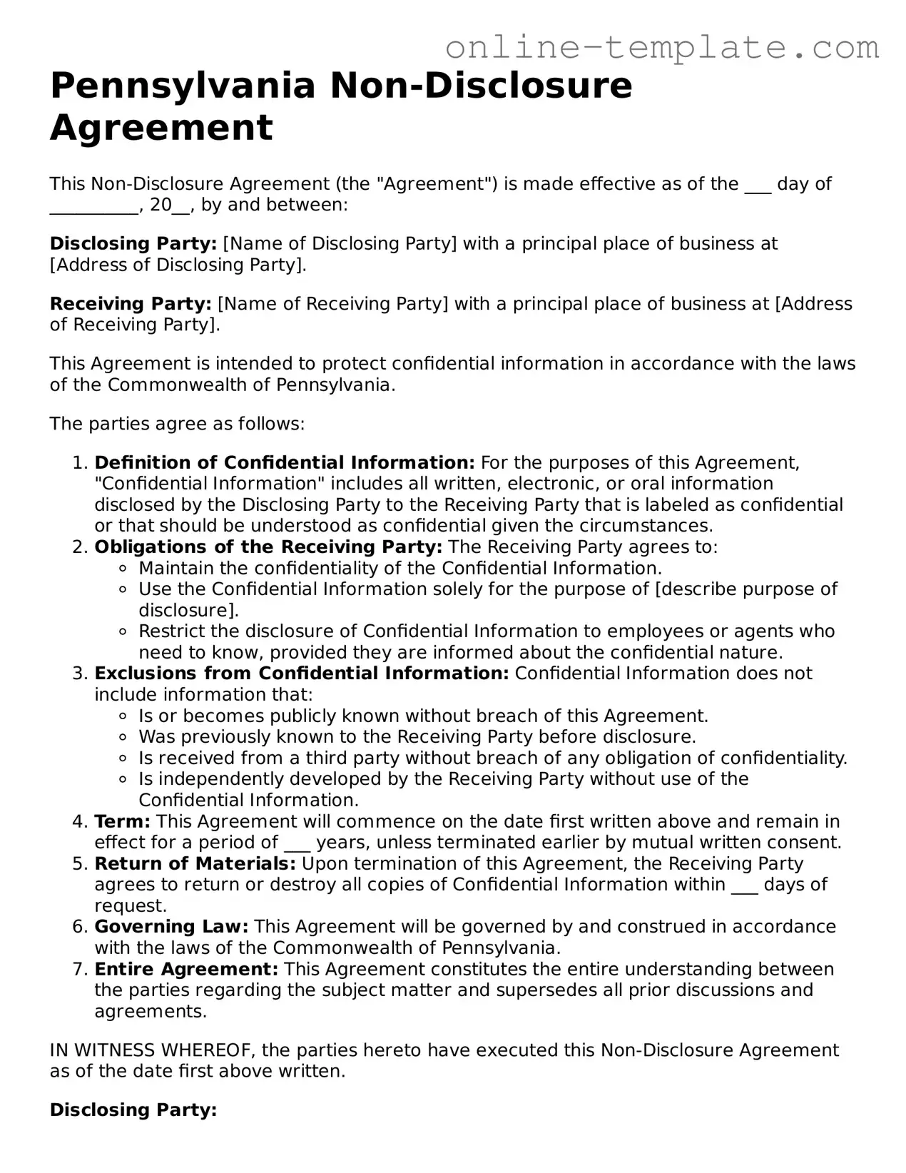 Attorney-Verified  Non-disclosure Agreement Template for Pennsylvania
