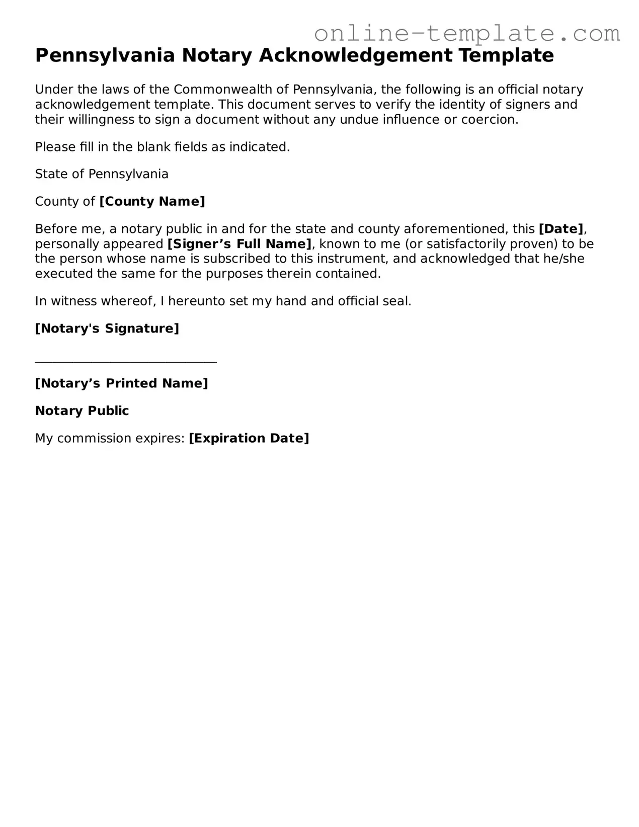 Attorney-Verified  Notary Acknowledgement Template for Pennsylvania