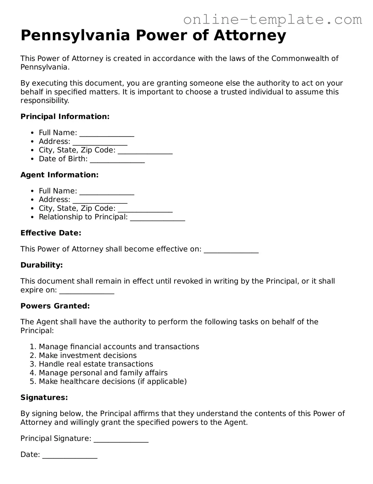 Attorney-Verified  Power of Attorney Template for Pennsylvania