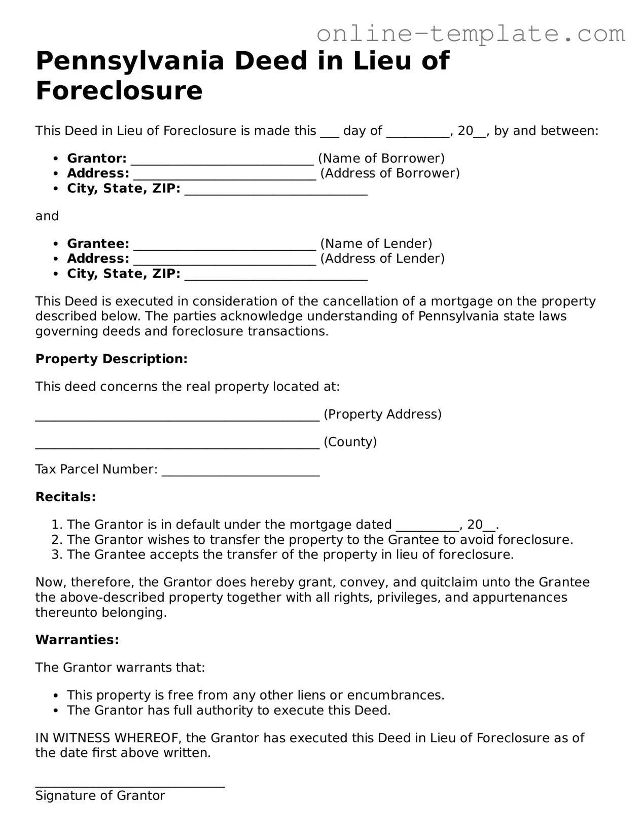 Attorney-Verified  Deed in Lieu of Foreclosure Template for Pennsylvania