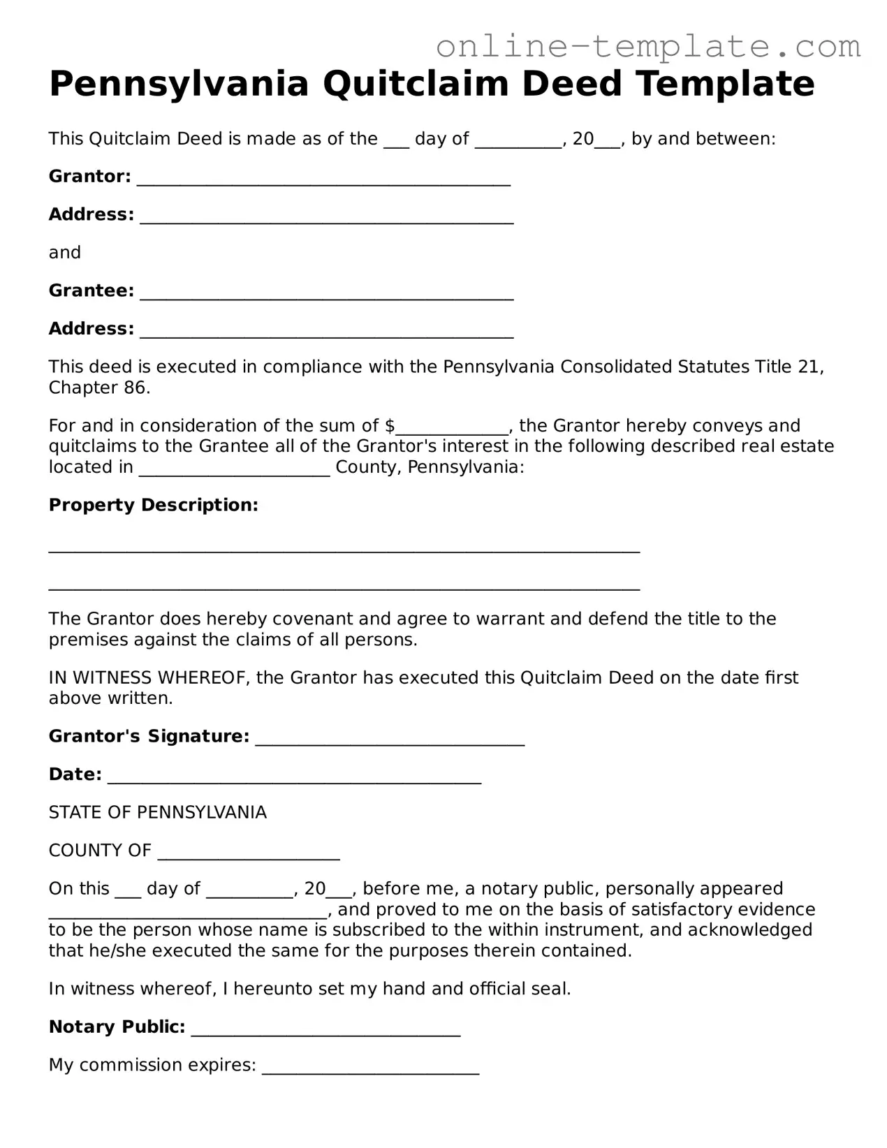 Attorney-Verified  Quitclaim Deed Template for Pennsylvania