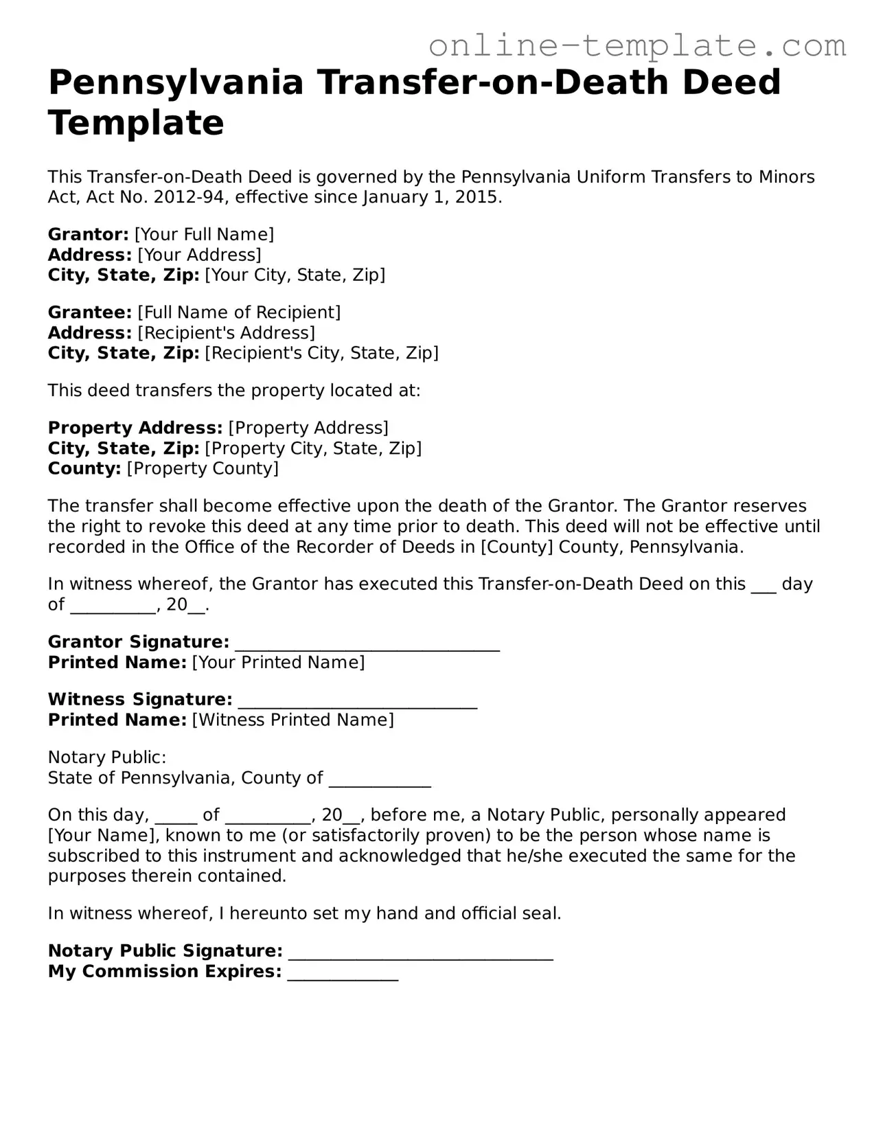 Attorney-Verified  Transfer-on-Death Deed Template for Pennsylvania
