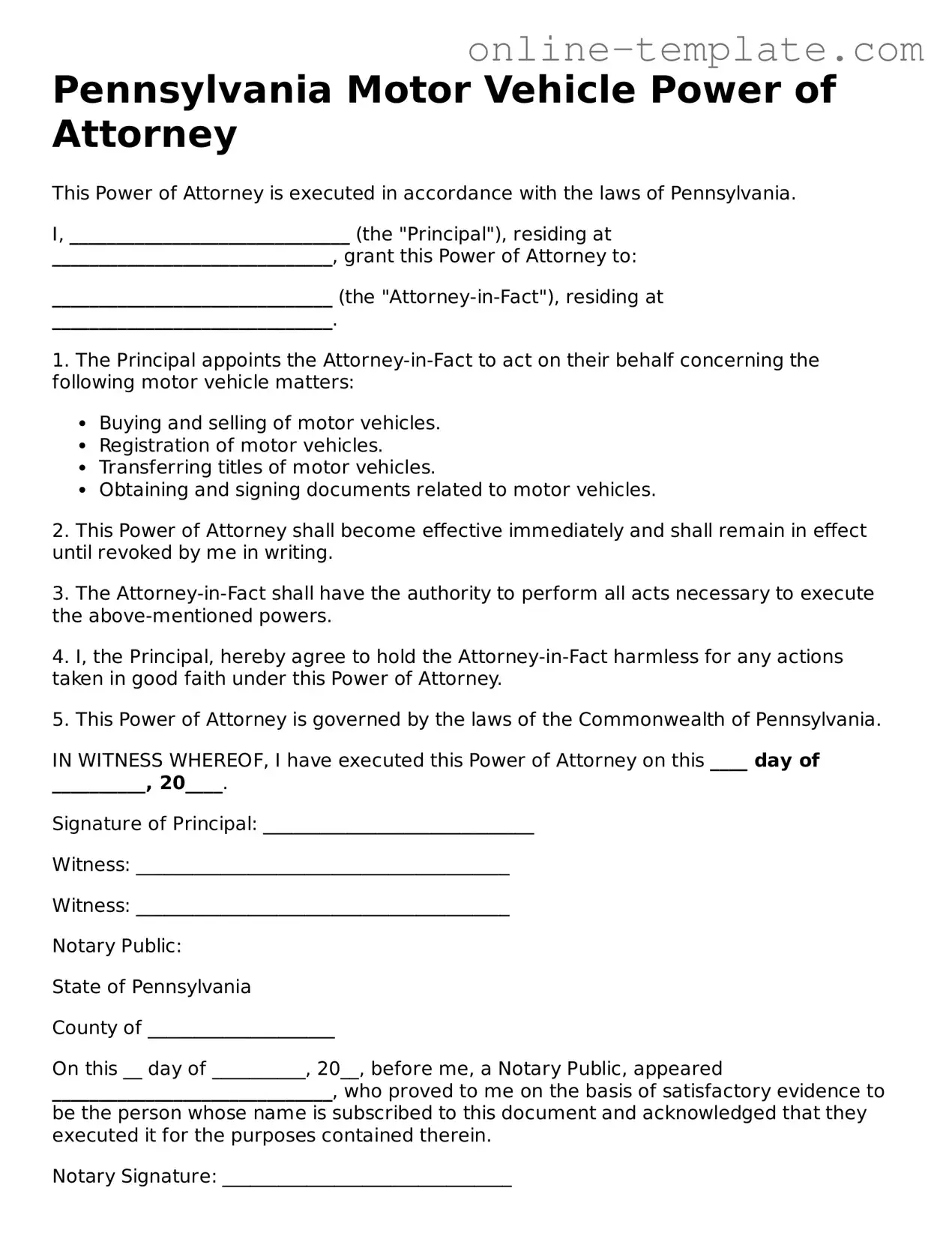 Attorney-Verified  Motor Vehicle Power of Attorney Template for Pennsylvania