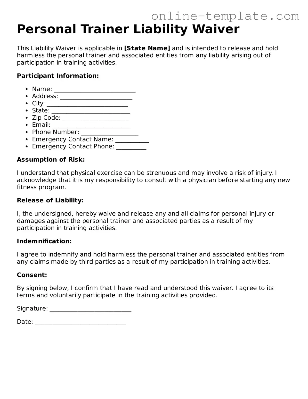 Official Personal Trainer Liability Waiver Template