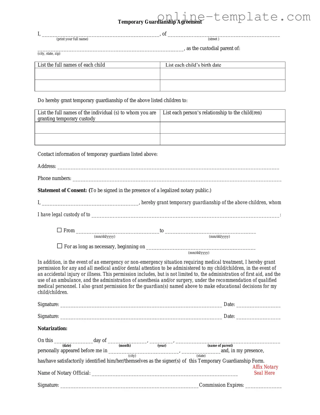 Free Temporary Custody PDF Template