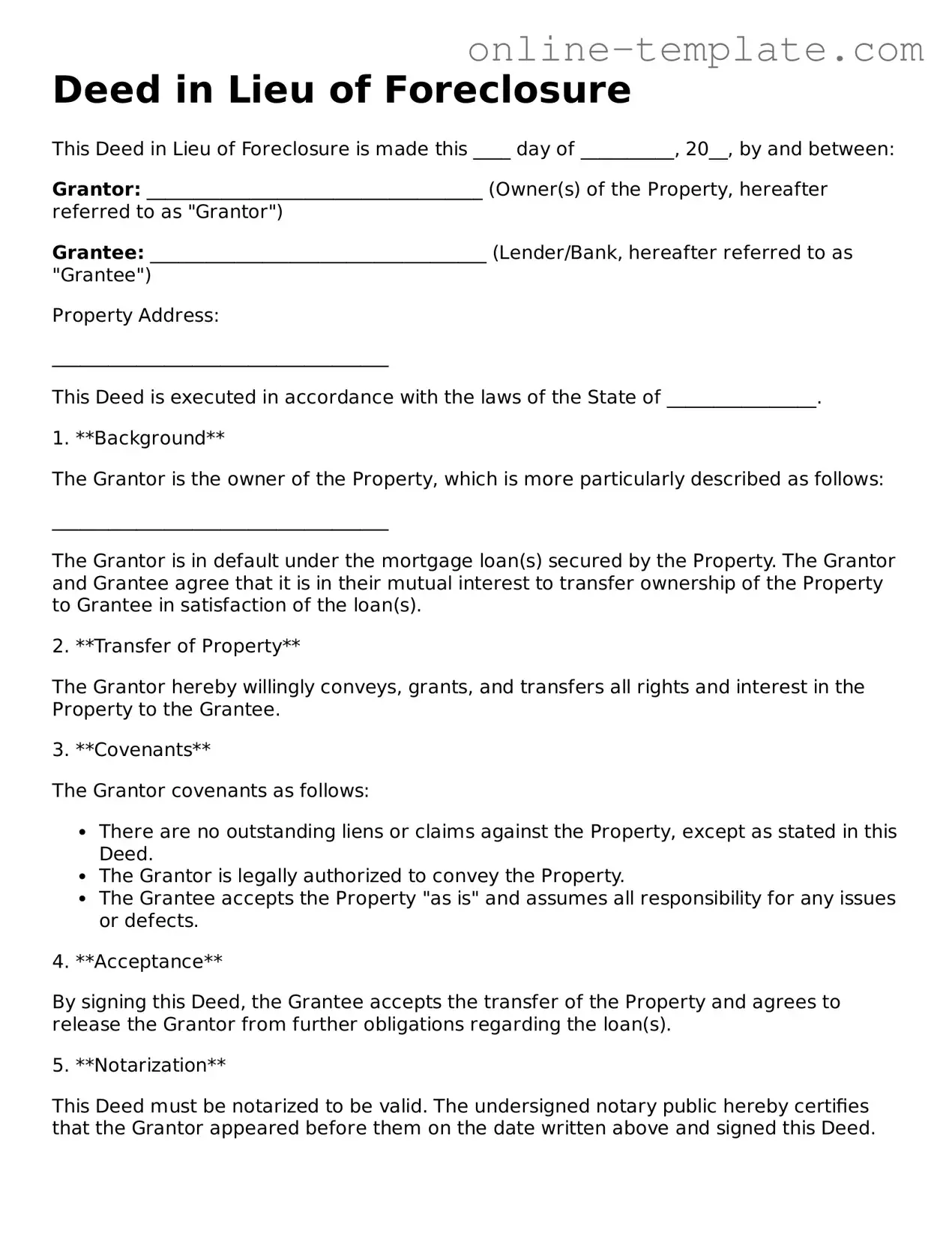 Official Deed in Lieu of Foreclosure Template