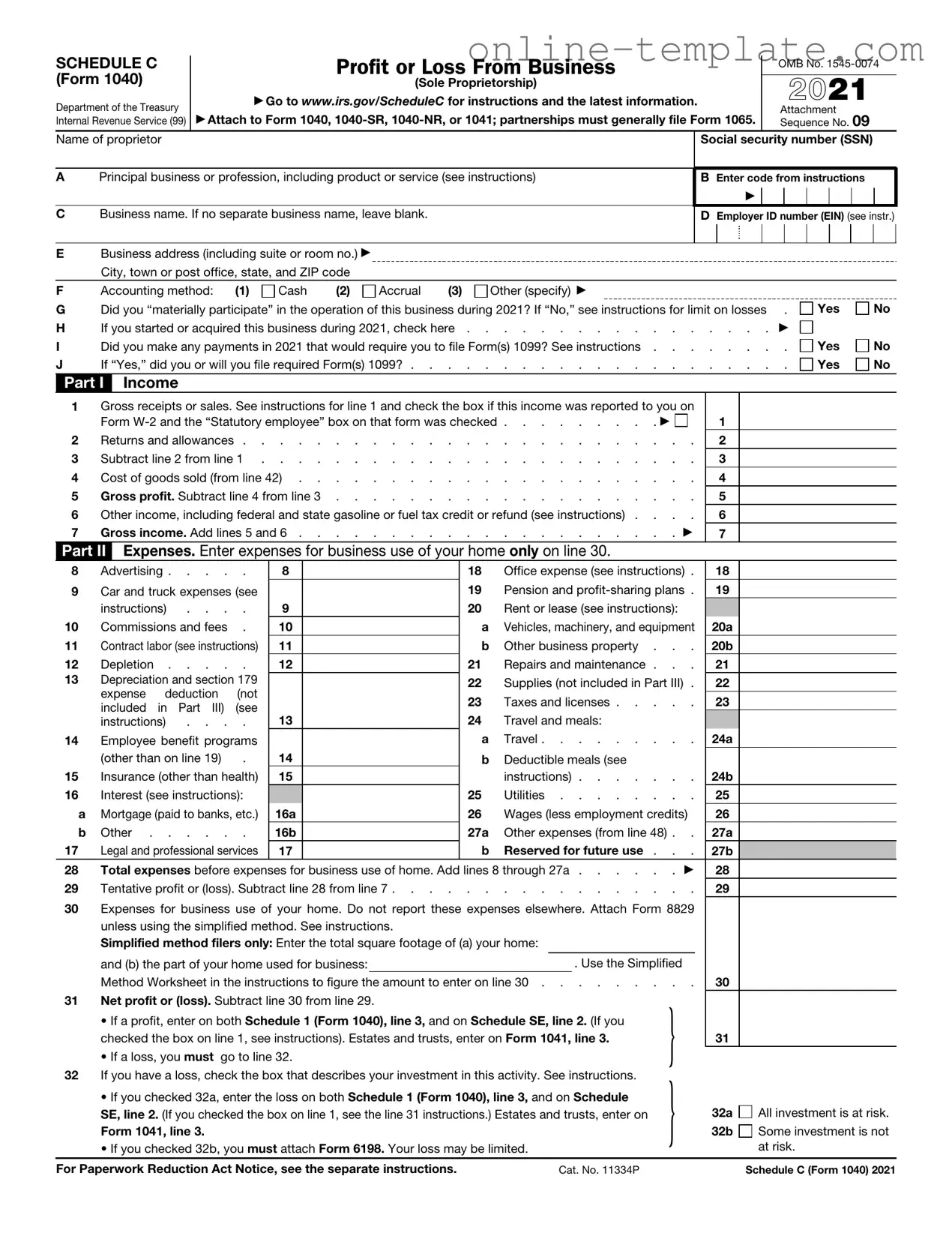 Free IRS Schedule C 1040 PDF Template