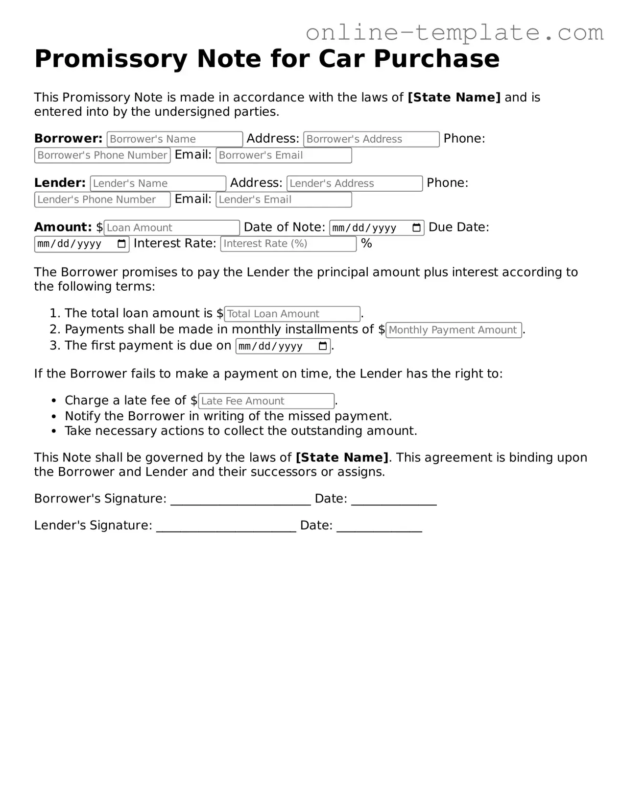 Official Promissory Note for a Car Template