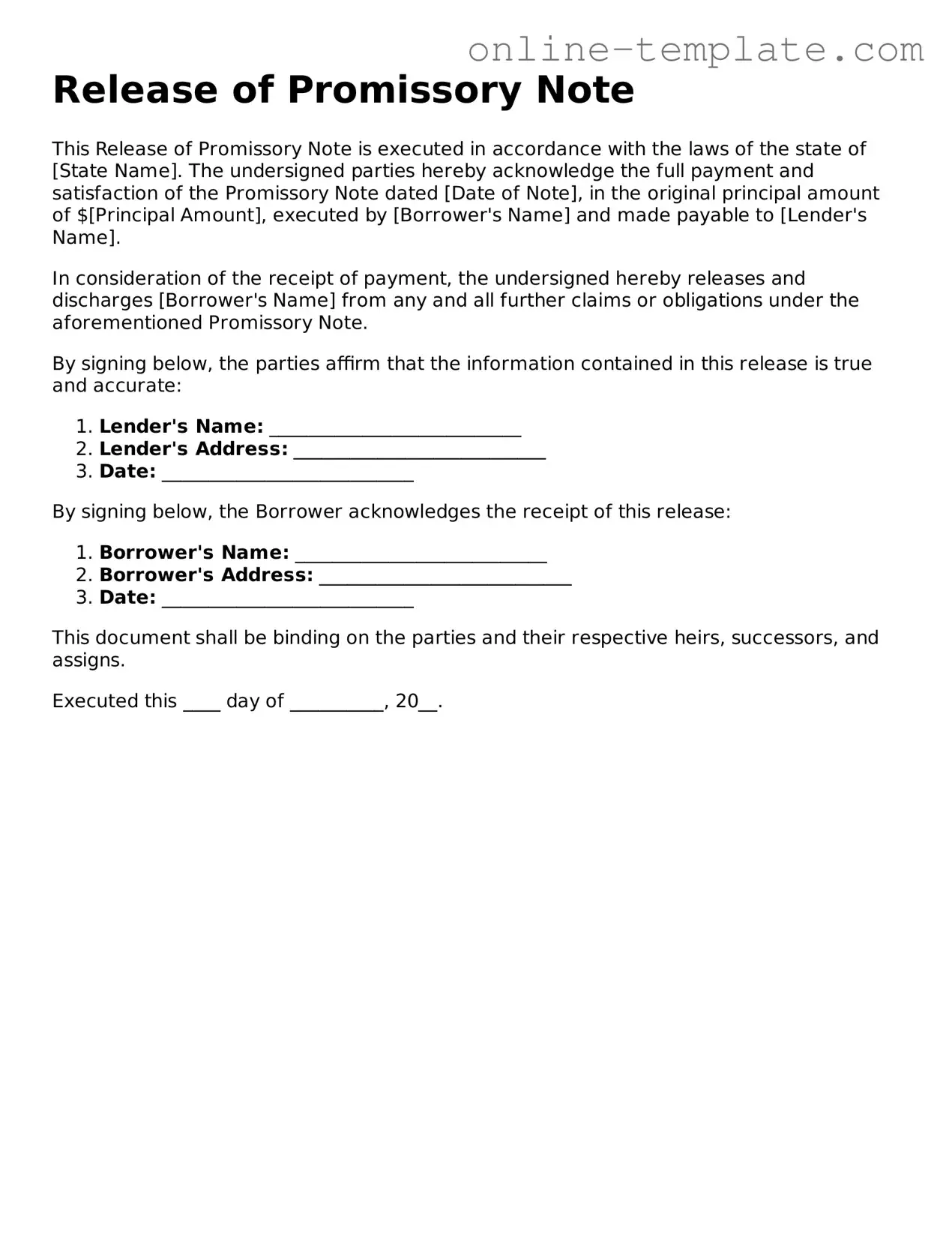 Official Release of Promissory Note Template